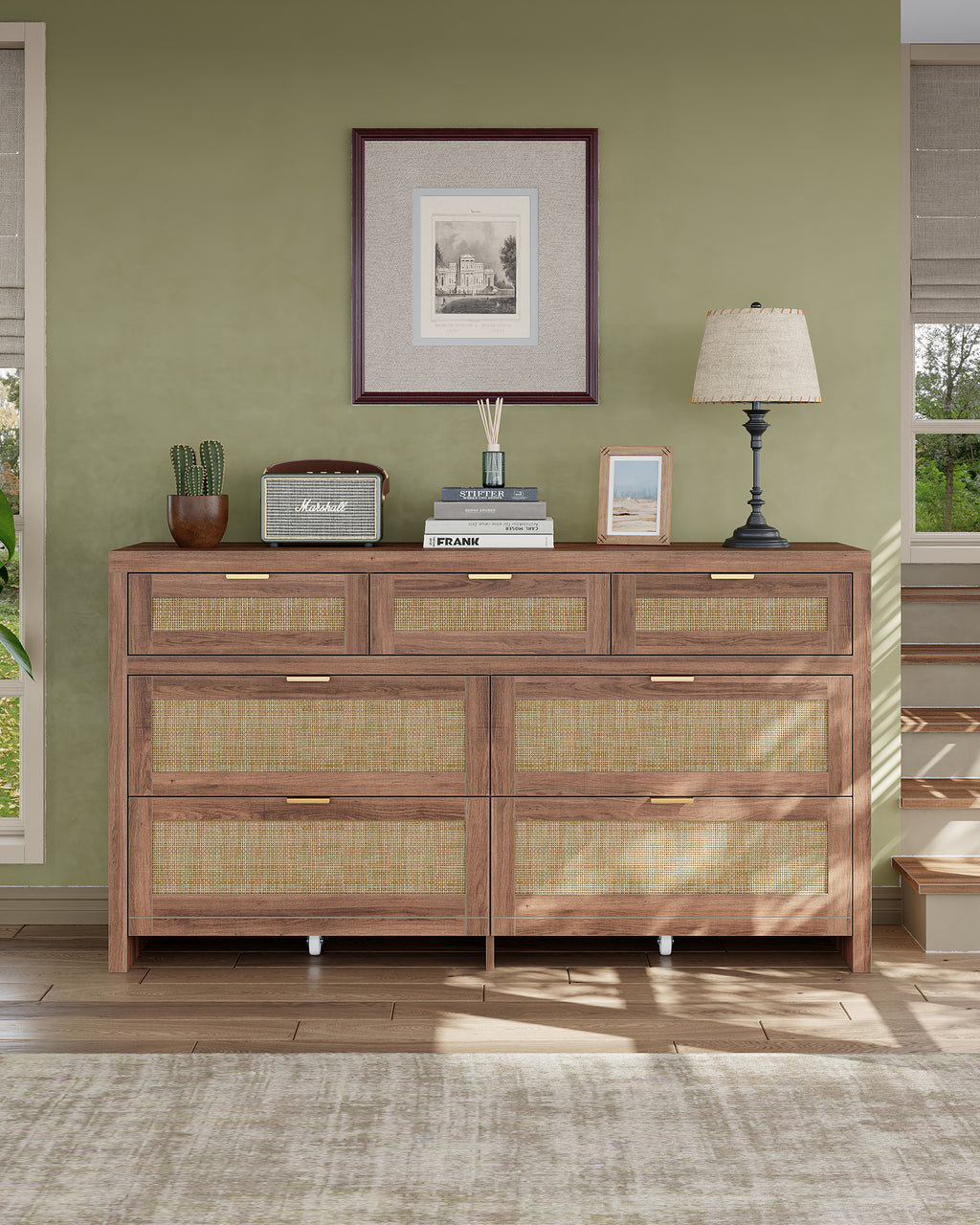 7 Drawers Dresser for Bedroom, 57” Rattan Dresser with Ample Storage- Vektaya