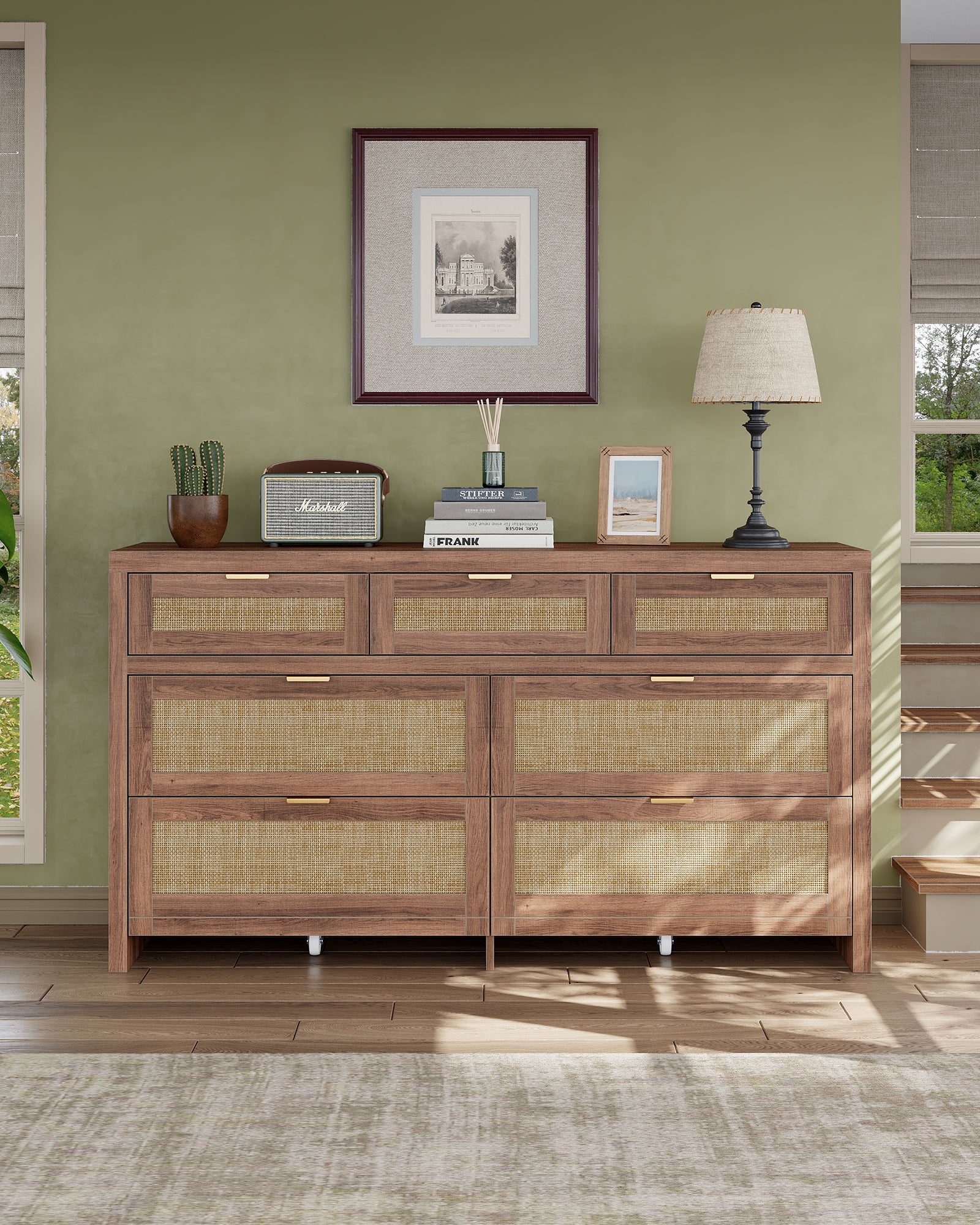 7 Drawers Dresser for Bedroom, 57” Rattan Dresser with Ample Storage- Vektaya