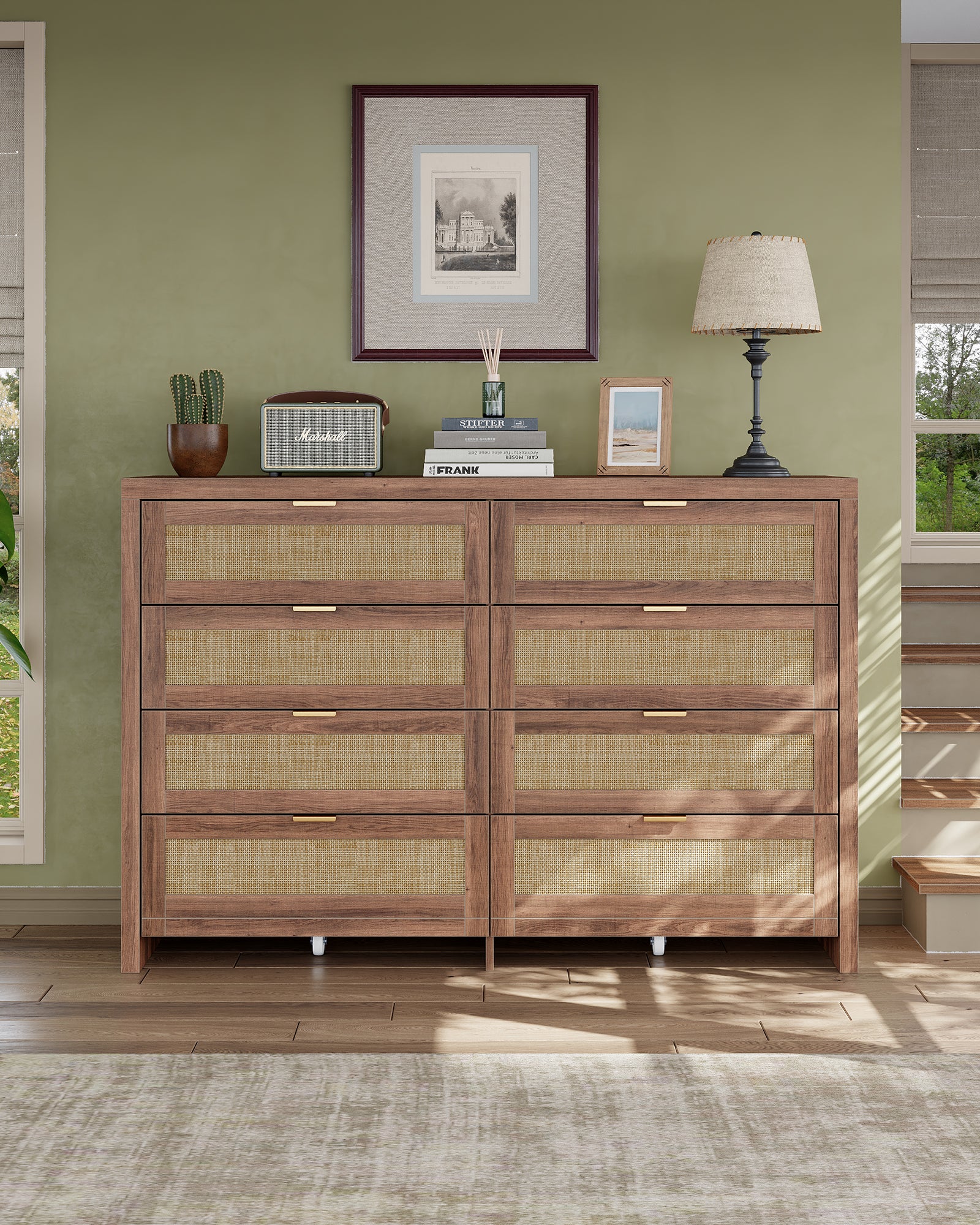 8 Large Drawers Dresser, 55” Rattan Dresser with Ample Storage- Vektaya