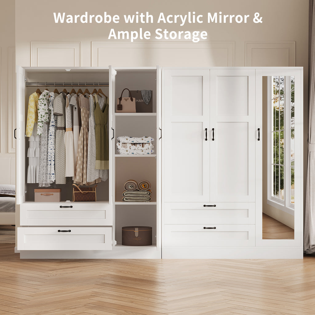 5-in-1 Armoire Wardrobe Closet with Full Length Acrylic Mirror & 2 Drawers, White - Vektaya