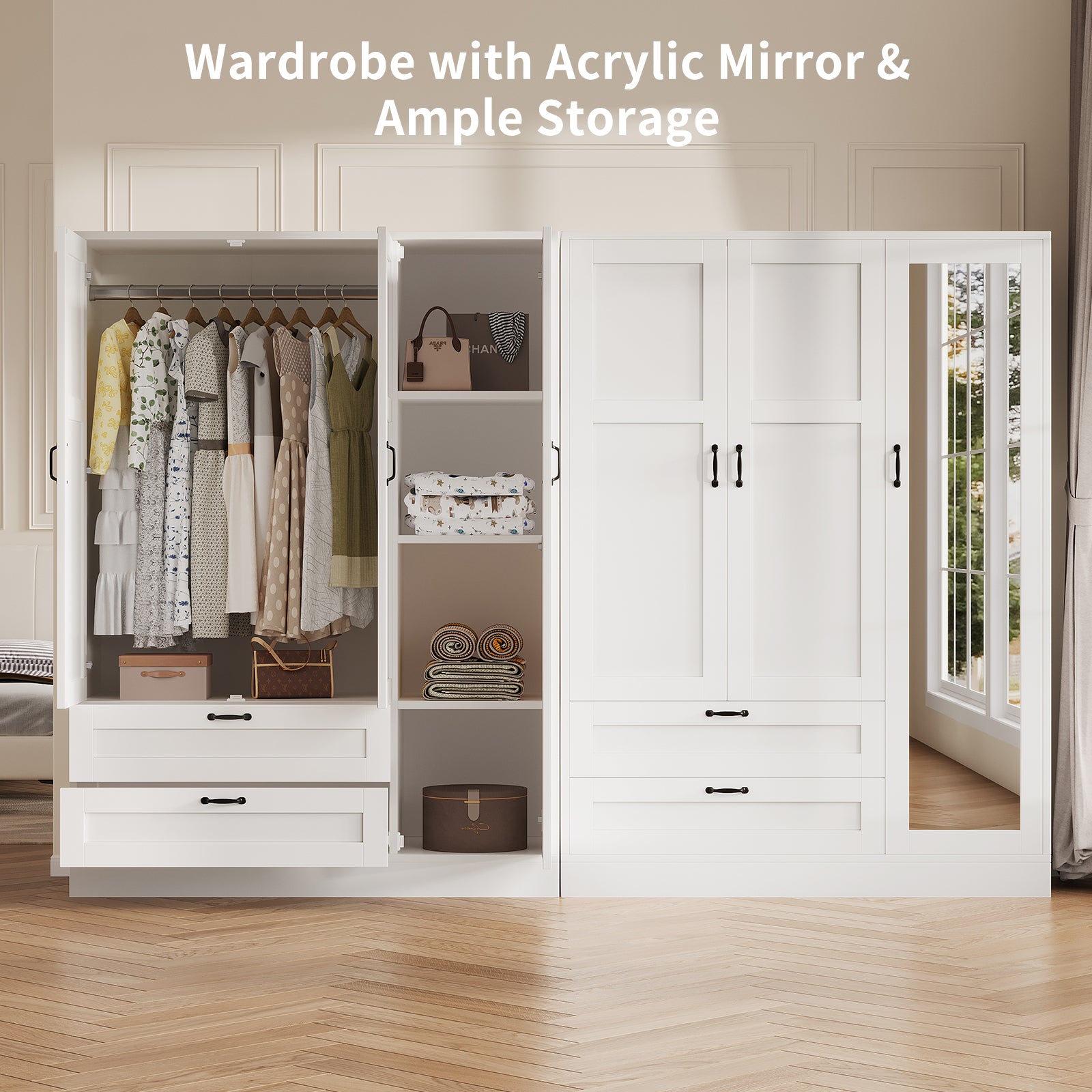 5-in-1 Armoire Wardrobe Closet with Full Length Acrylic Mirror & 2 Drawers, White - Vektaya
