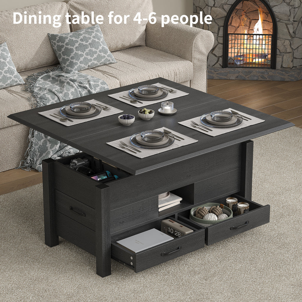 Lift Top Coffee Table, 39.4" Multi-Function Convertible Coffee Table with 4 Storage Drawers & Hidden Compartment- Vektaya