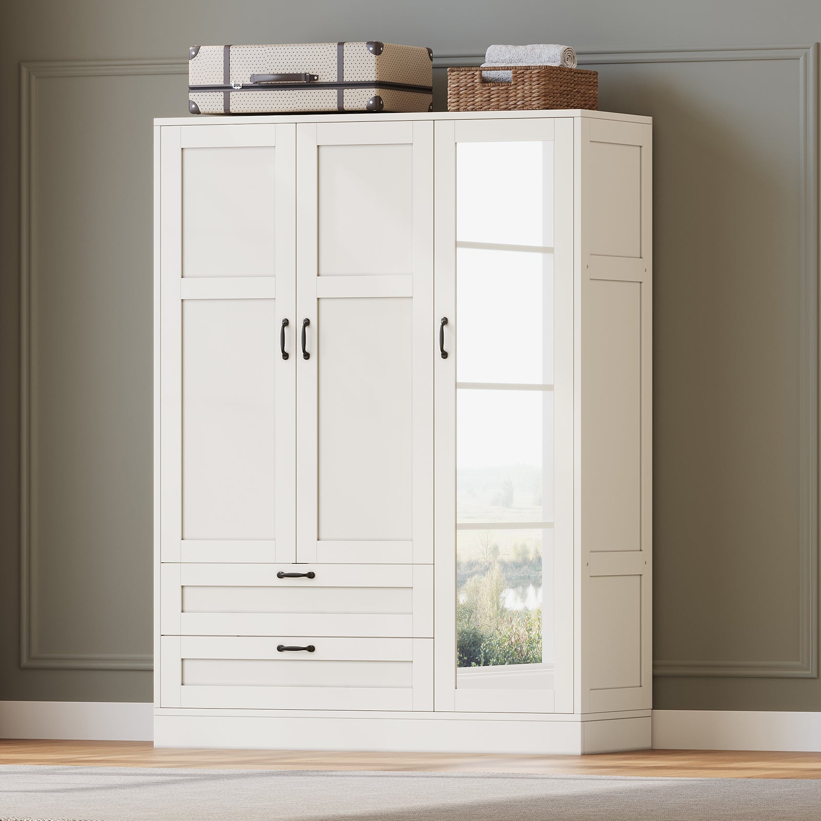 5-in-1 Armoire Wardrobe Closet with Full Length Acrylic Mirror & 2 Drawers, White - Vektaya - VektayaStorage CabinetYG001-WH