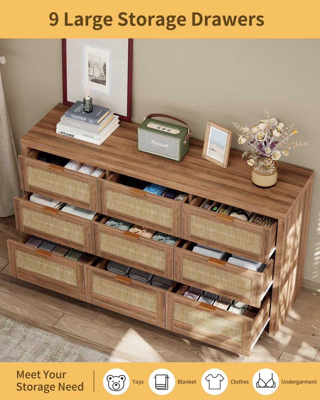 9 Drawers Dresser for Bedroom, 57” Rattan Dresser with Ample Storage,