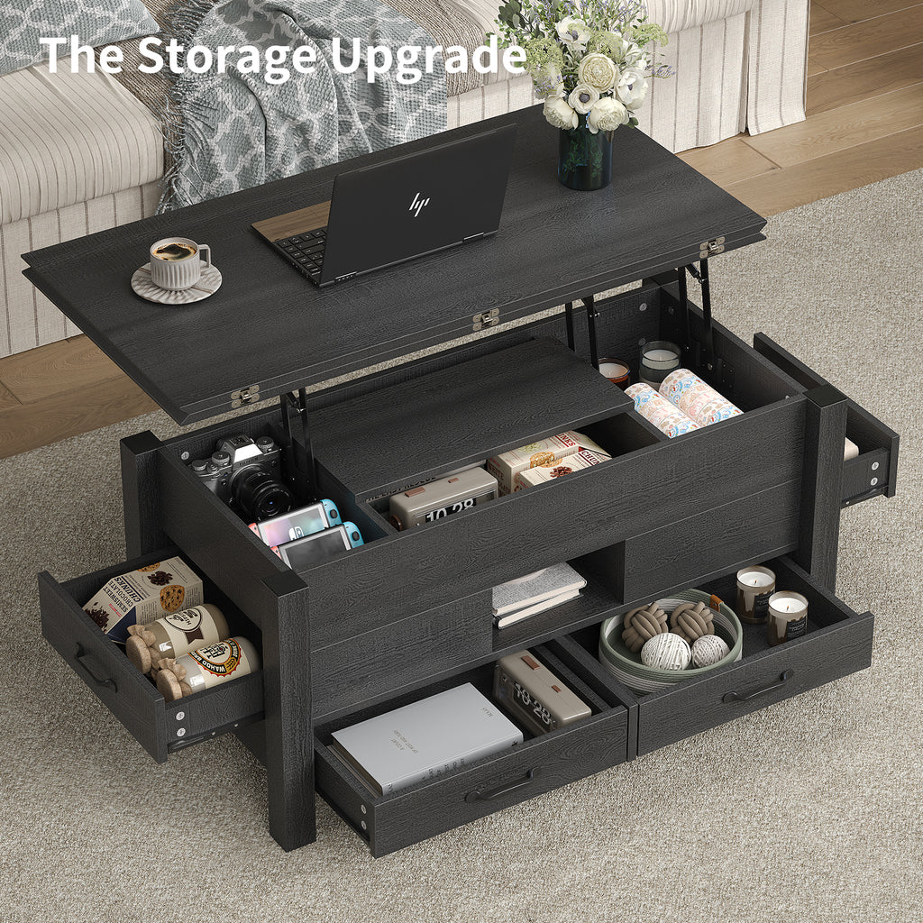Lift Top Coffee Table, 39.4" Multi-Function Convertible Coffee Table with 4 Storage Drawers & Hidden Compartment- Vektaya