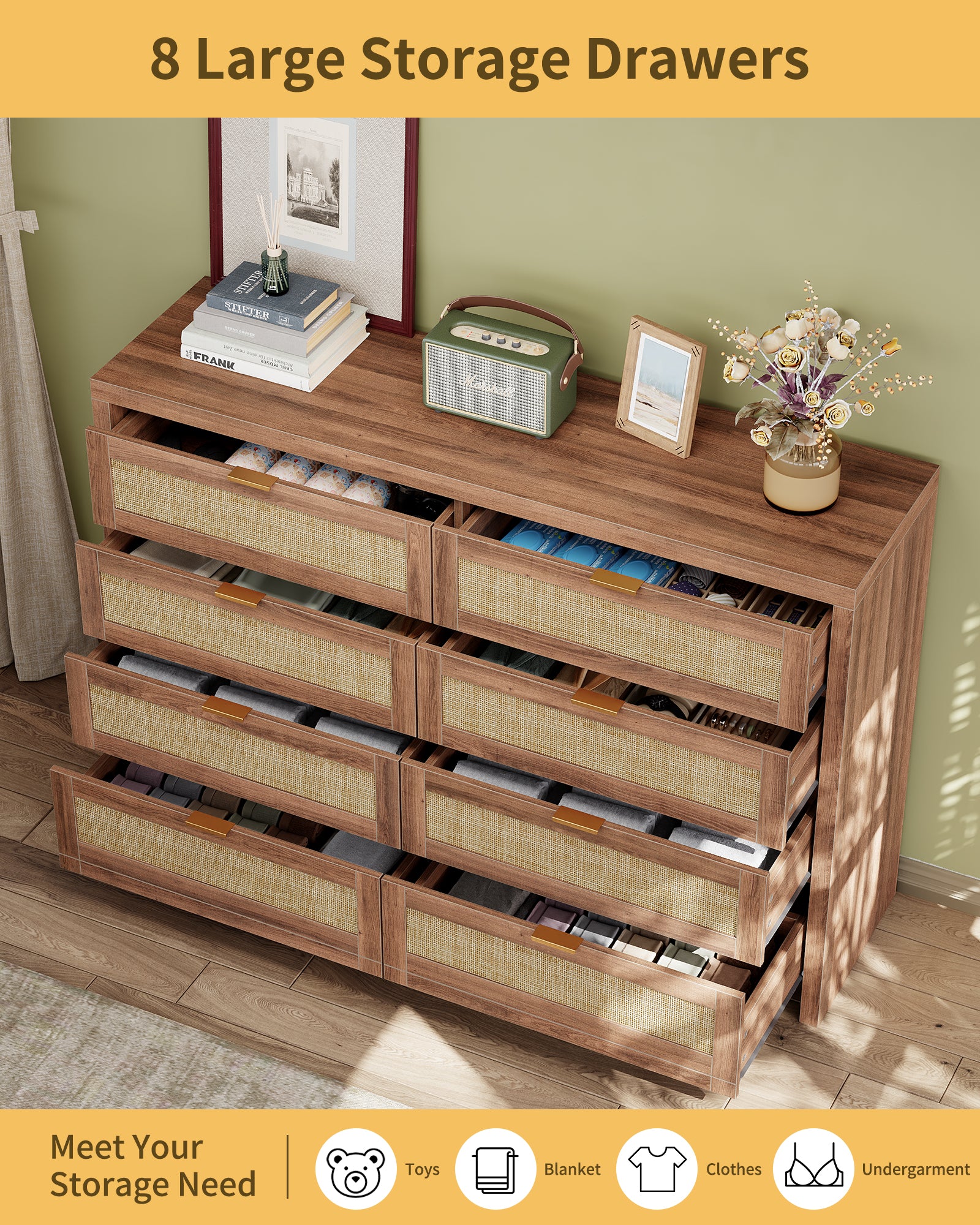 8 Large Drawers Dresser, 55” Rattan Dresser with Ample Storage- Vektaya