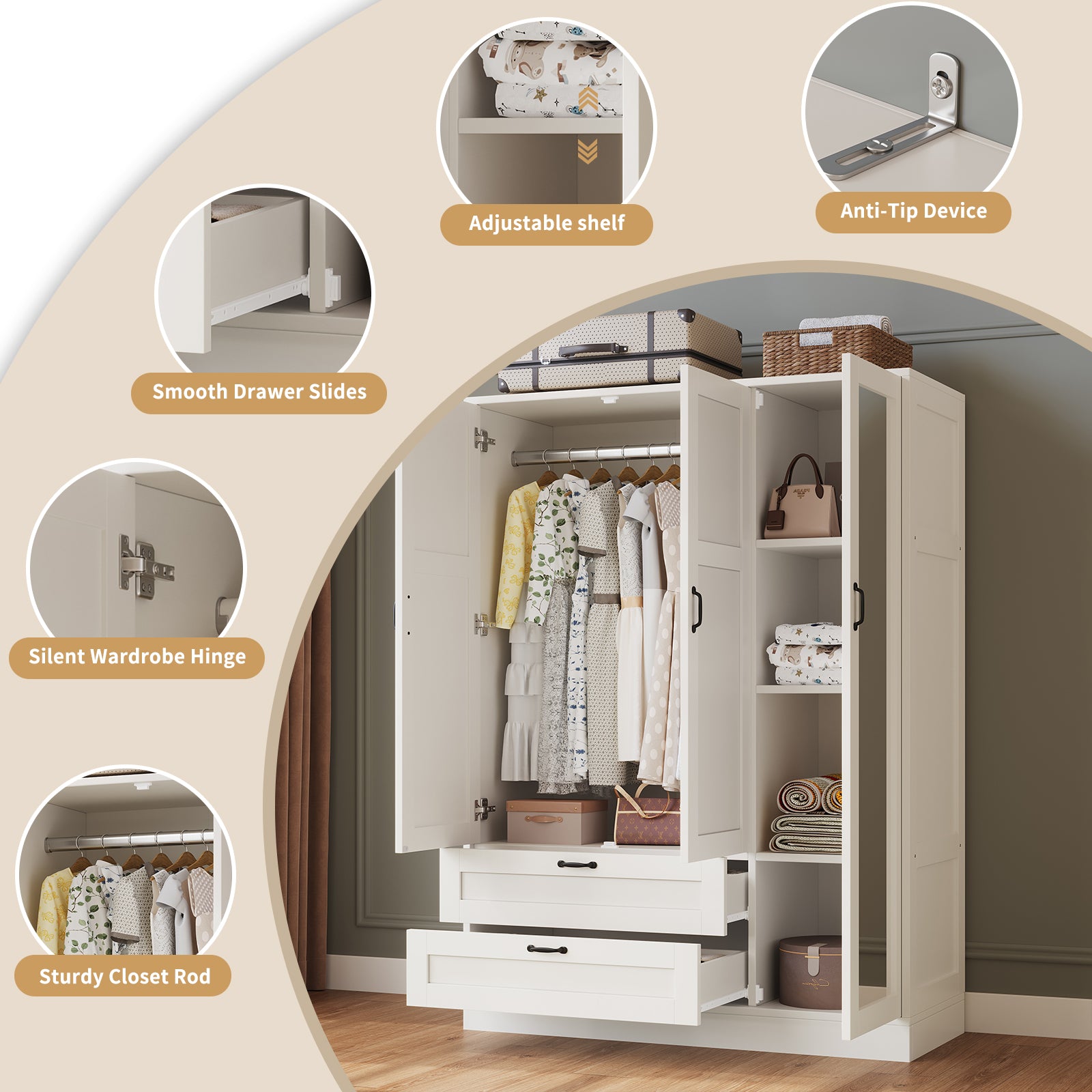 5-in-1 Armoire Wardrobe Closet with Full Length Acrylic Mirror & 2 Drawers, White - Vektaya