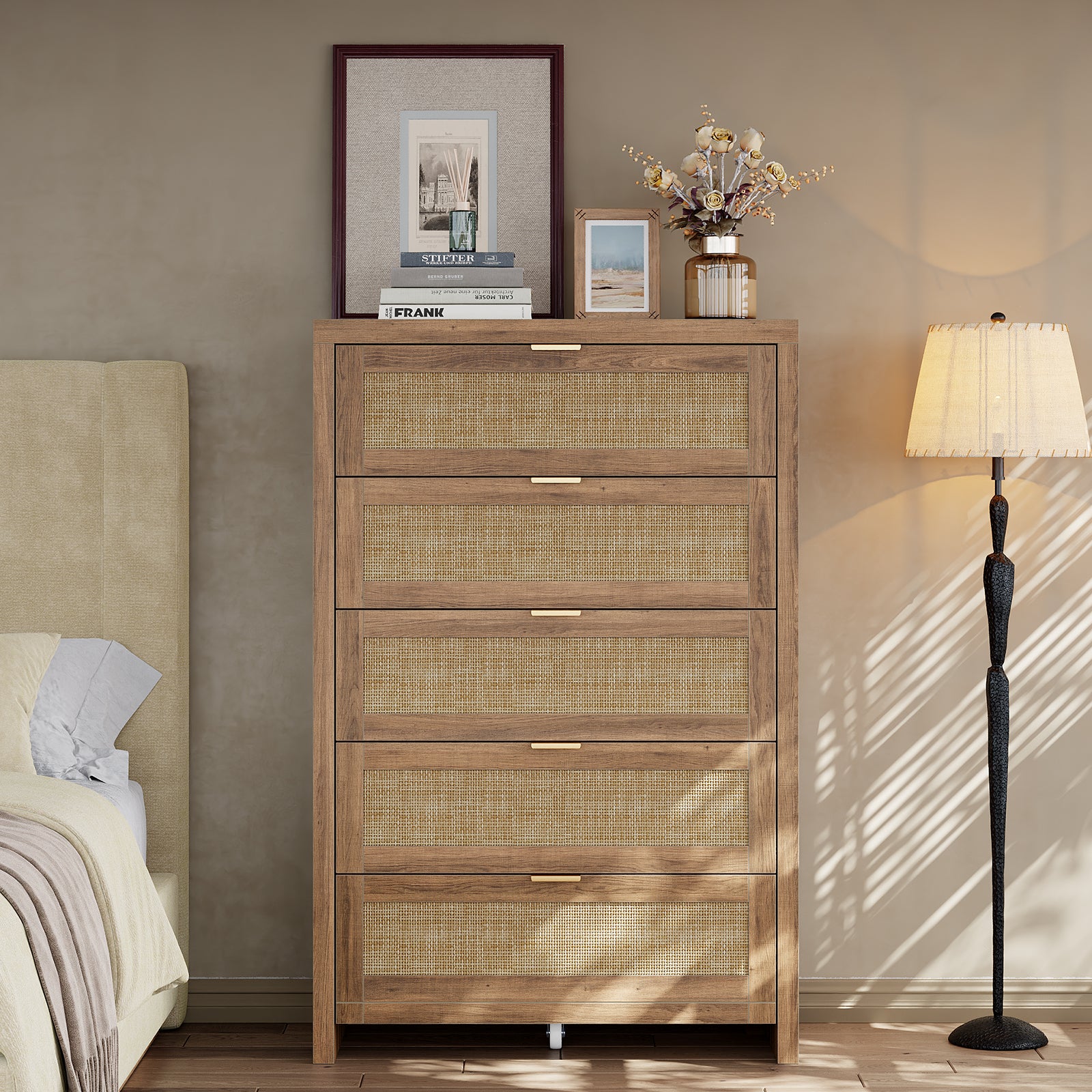 48'' Tall Dresser for Bedroom, Rattan Dresser with 5 Drawers, Boho Chest of Drawers- Vektaya