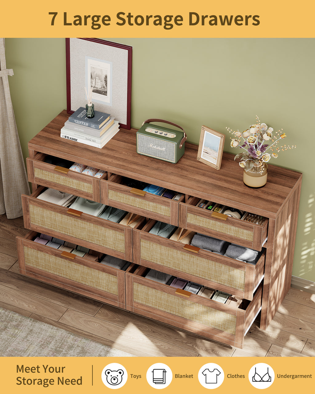 7 Drawers Dresser for Bedroom, 57” Rattan Dresser with Ample Storage- Vektaya