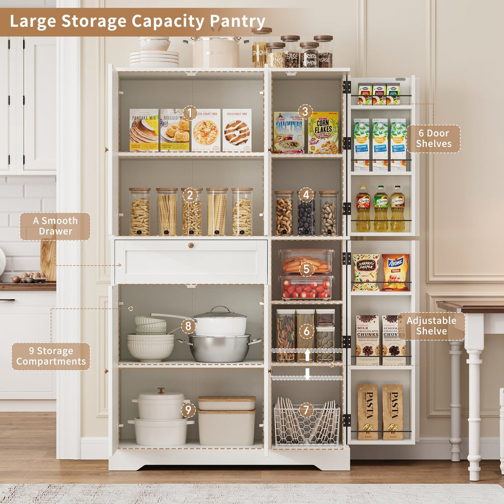 68" Pantry Cabinet with Adjustable Shelves, 6 Door Shelves & Drawer - Vektaya - VektayaFurnitureUS-SC020-WH