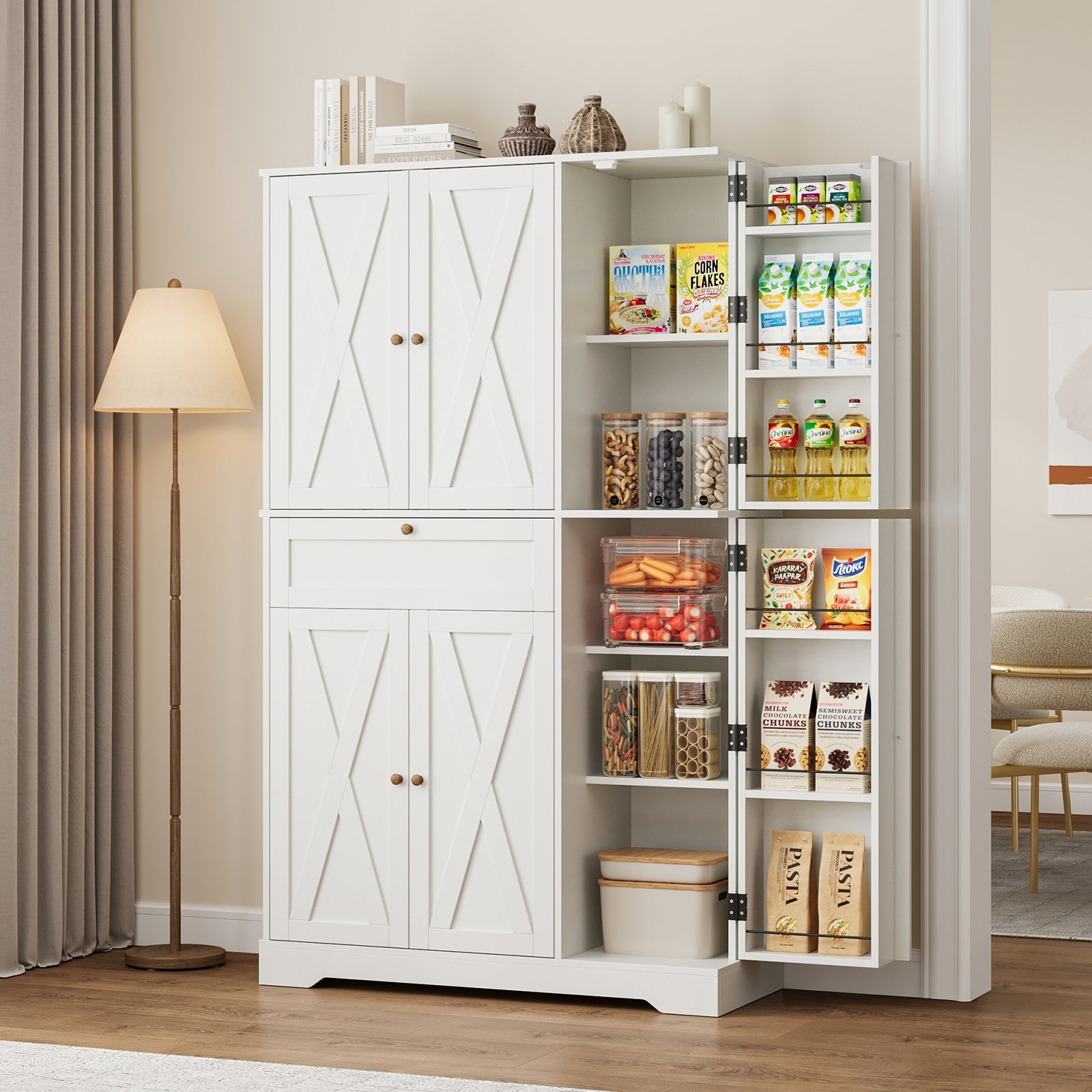 68" Pantry Cabinet with Adjustable Shelves, 6 Door Shelves & Drawer - Vektaya - VektayaFurnitureUS-SC020-WH