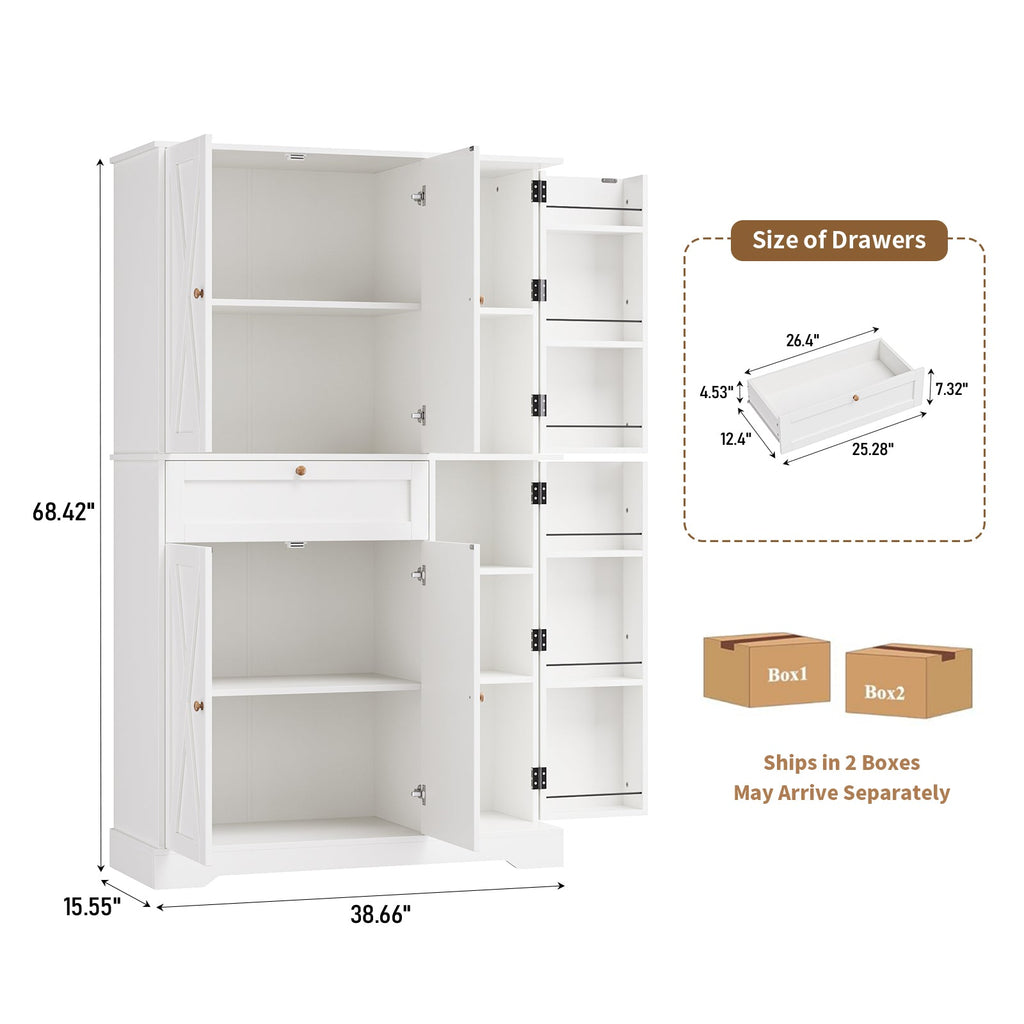 68" Pantry Cabinet with Adjustable Shelves, 6 Door Shelves & Drawer - Vektaya - VektayaFurnitureUS-SC020-WH