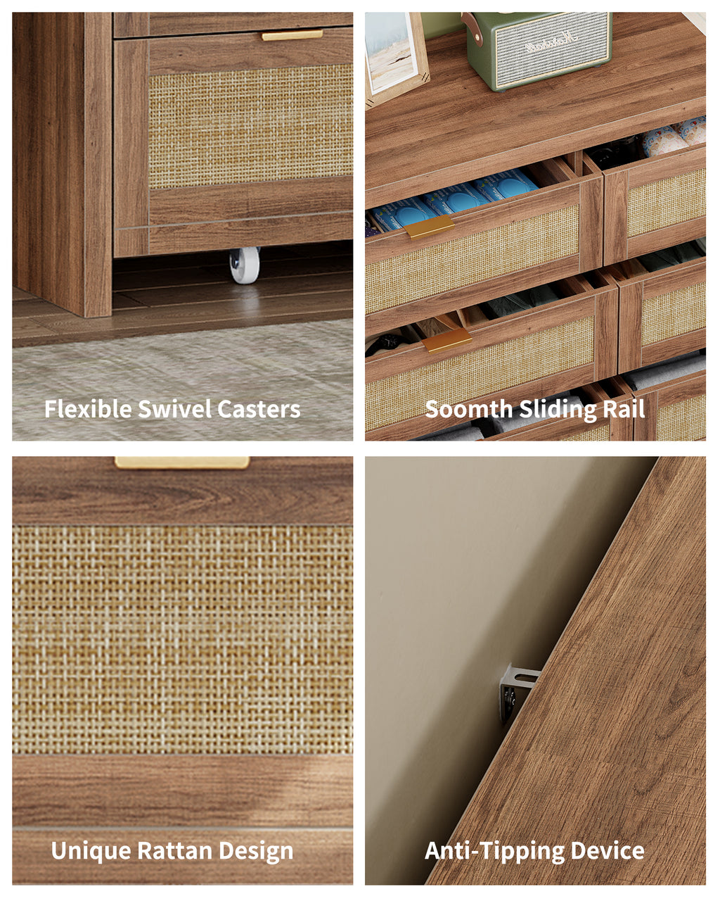 8 Large Drawers Dresser, 55” Rattan Dresser with Ample Storage- Vektaya