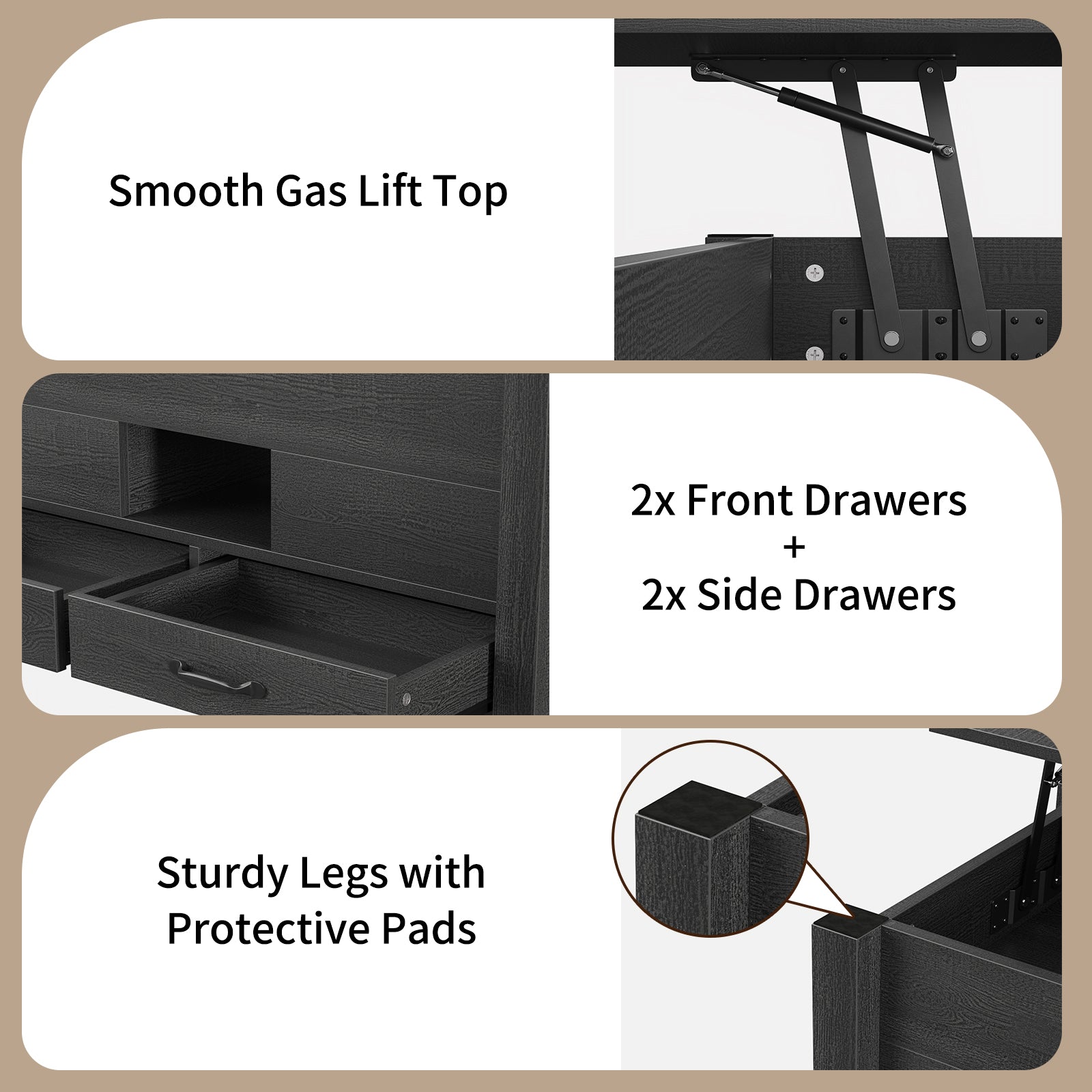 Lift Top Coffee Table, 39.4" Multi-Function Convertible Coffee Table with 4 Storage Drawers & Hidden Compartment- Vektaya