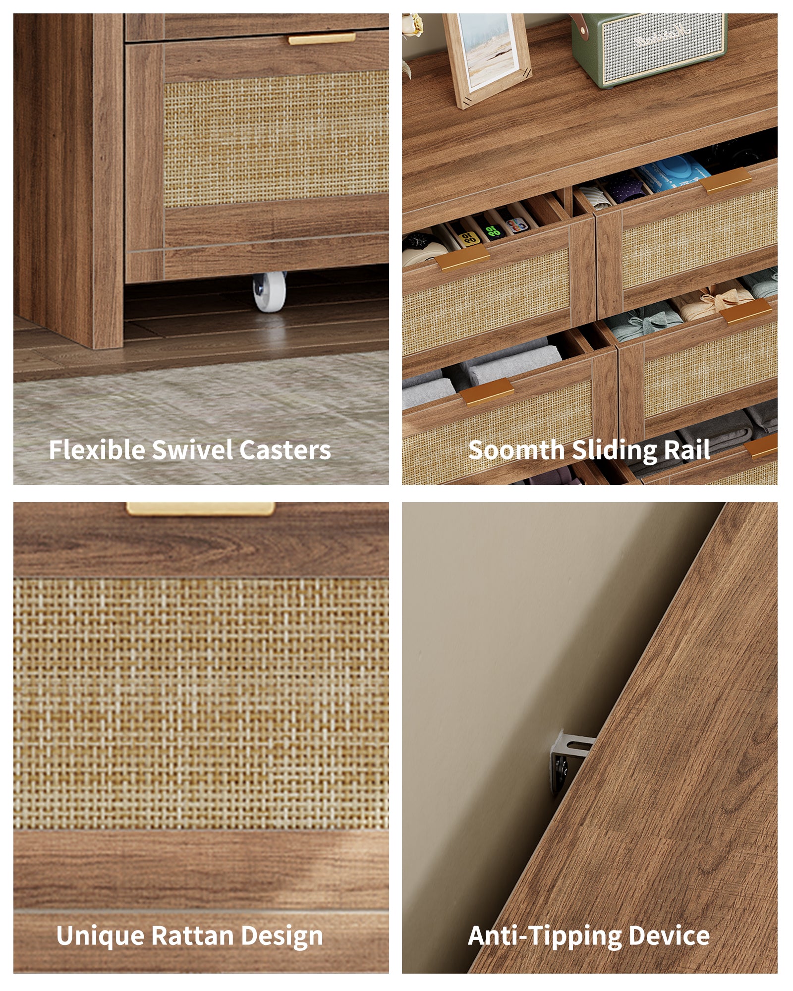 9 Drawers Dresser for Bedroom, 57” Rattan Dresser with Ample Storage,