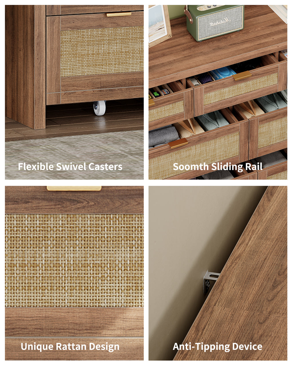 7 Drawers Dresser for Bedroom, 57” Rattan Dresser with Ample Storage- Vektaya