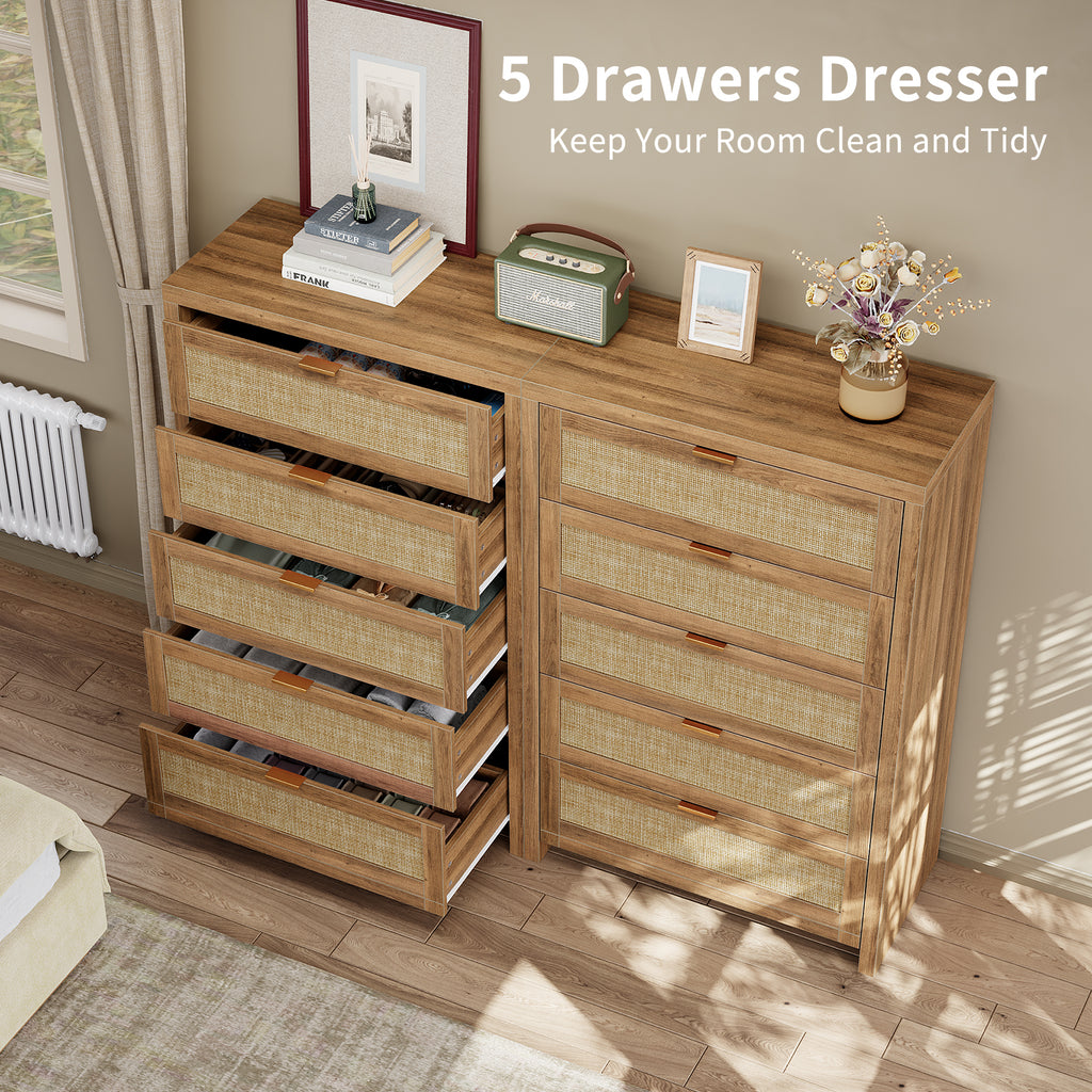 48'' Tall Dresser for Bedroom, Rattan Dresser with 5 Drawers, Boho Chest of Drawers- Vektaya
