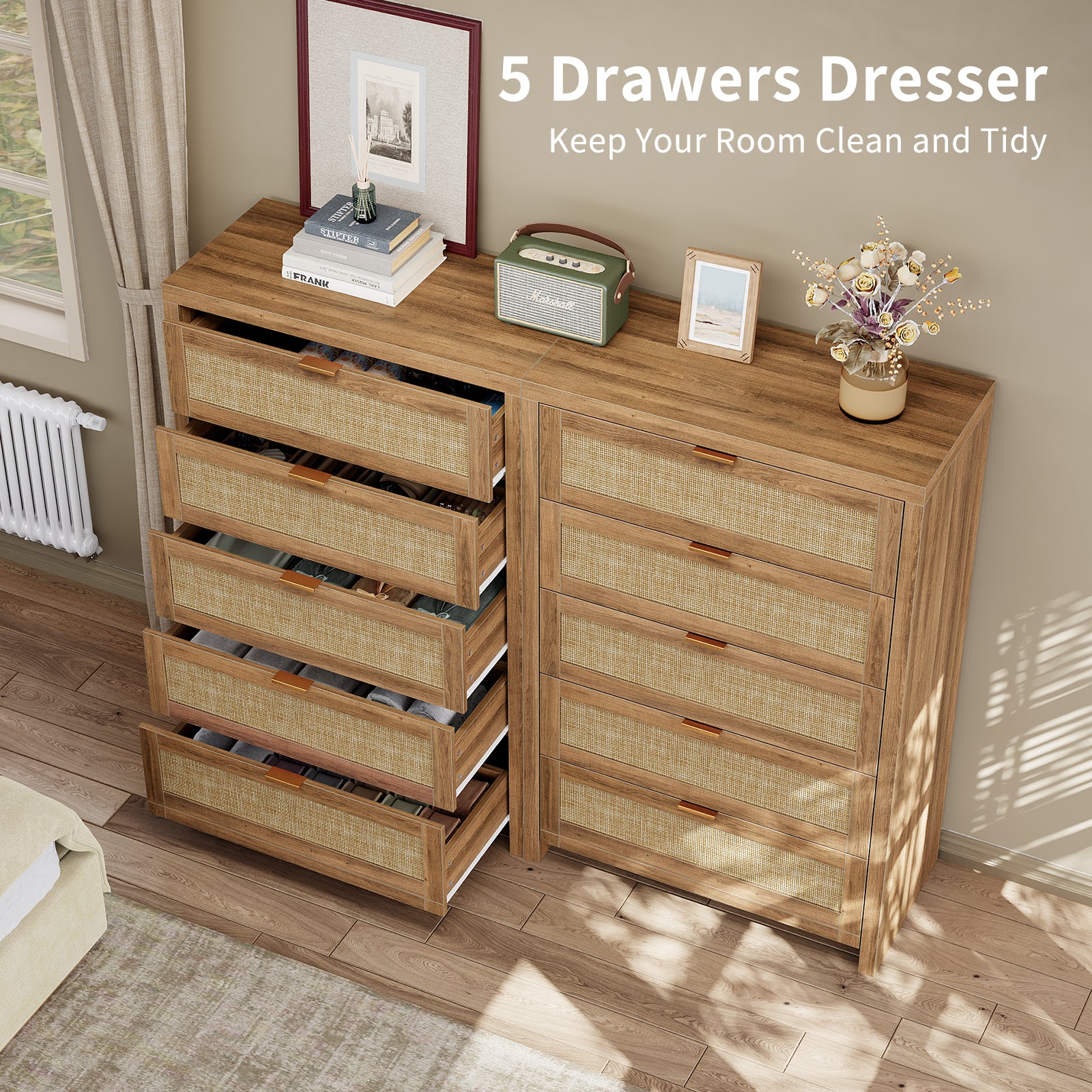 48'' Tall Dresser for Bedroom, Rattan Dresser with 5 Drawers, Boho Chest of Drawers- Vektaya
