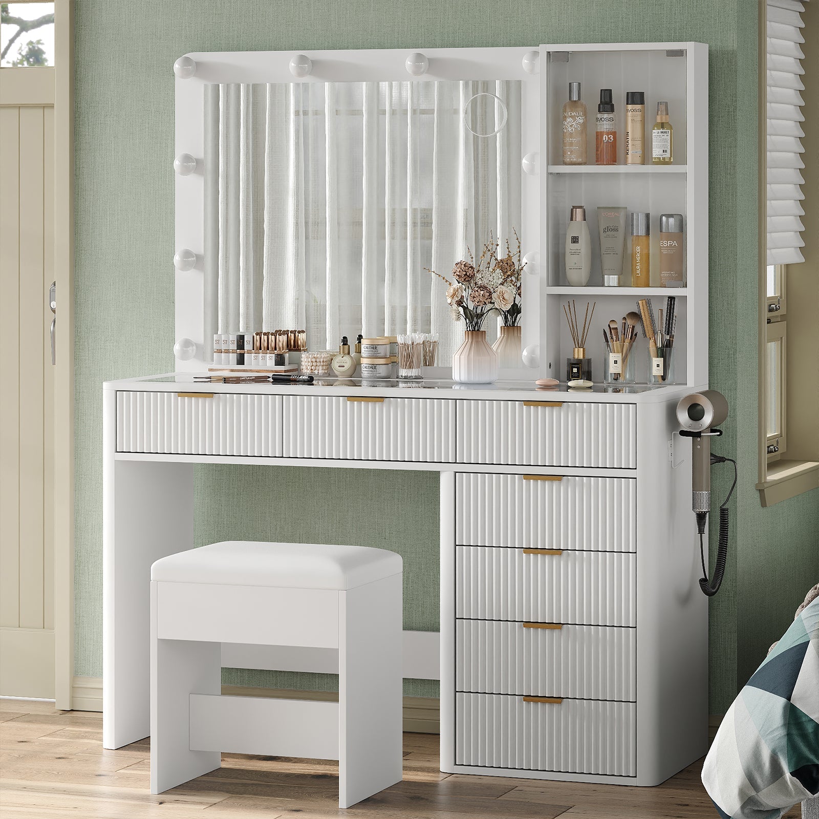 7-Drawer LED Mirror Vanity Desk - Vektaya - VektayaDeskUS-VD013-WH