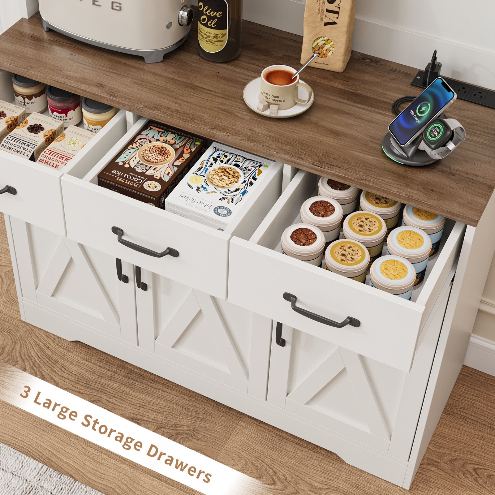 71" Pantry Cabinet with Charging Station, 3 Drawers & 6 Barn Door - Vektaya - VektayaStorage CabinetUS-SC018-WH
