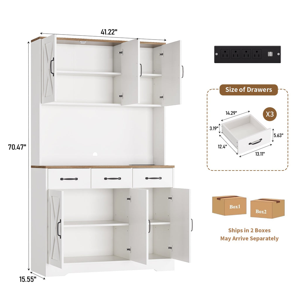 71" Pantry Cabinet with Charging Station, 3 Drawers & 6 Barn Door - Vektaya - VektayaStorage CabinetUS-SC018-WH