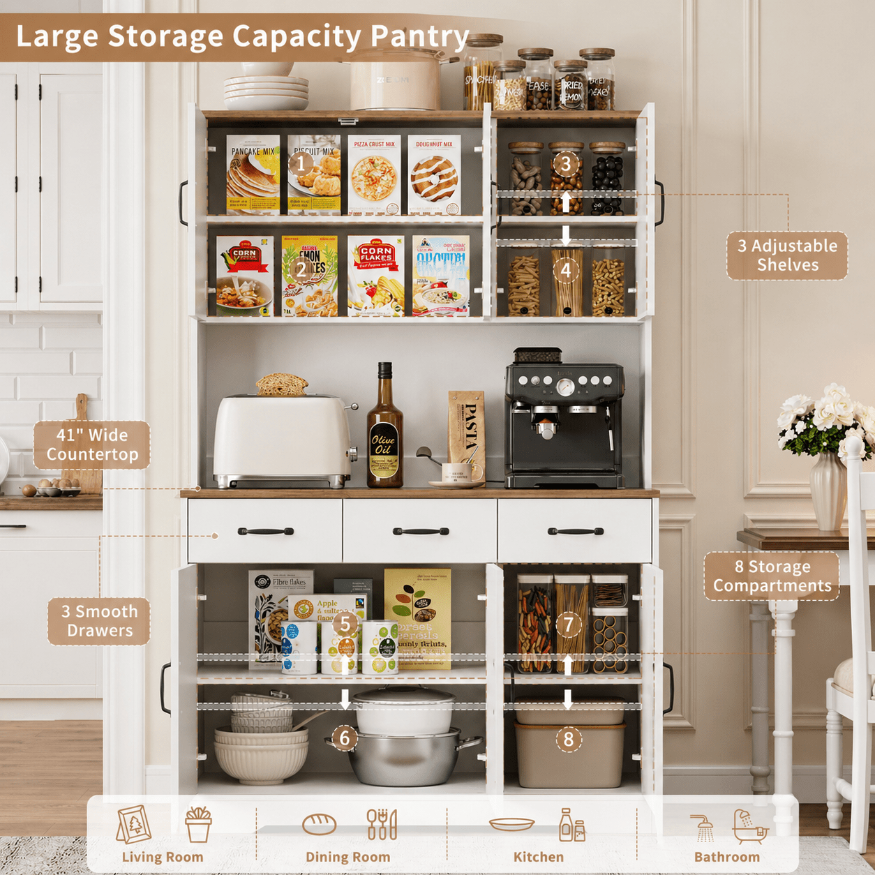 71" Pantry Cabinet with Charging Station, 3 Drawers & 6 Barn Door - Vektaya - VektayaStorage CabinetUS-SC018-WH
