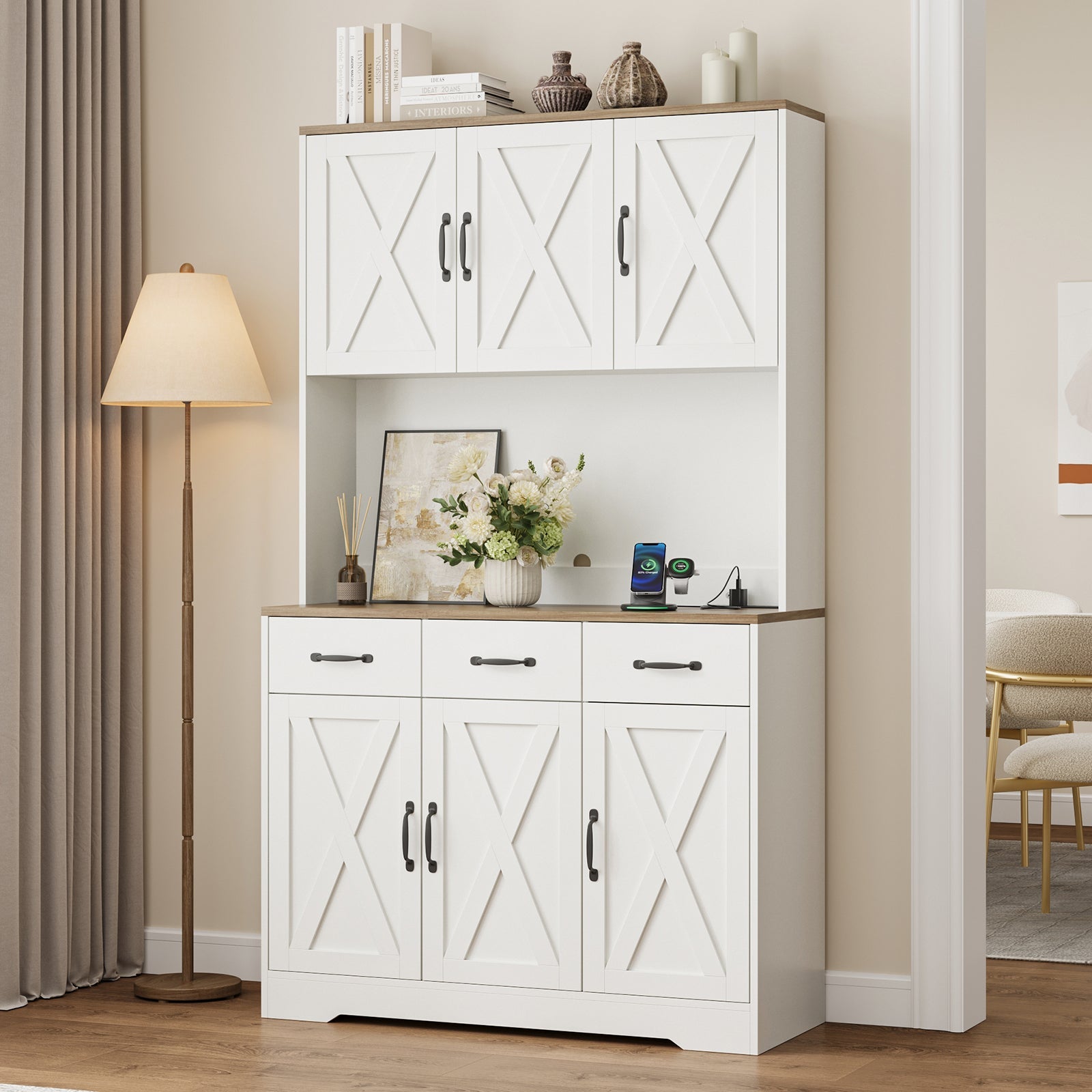 71" Pantry Cabinet with Charging Station, 3 Drawers & 6 Barn Door - Vektaya - VektayaStorage CabinetUS-SC018-WH