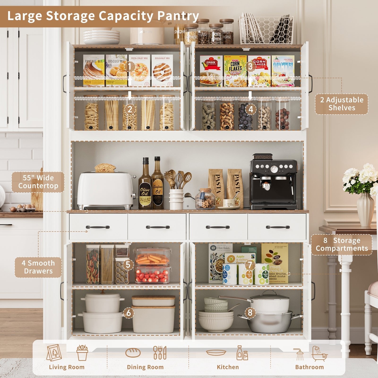 71" Pantry Cabinet with Charging Station, 4 Drawers & 6 Doors - Vektaya - VektayaStorage CabinetUS-SC017-WH