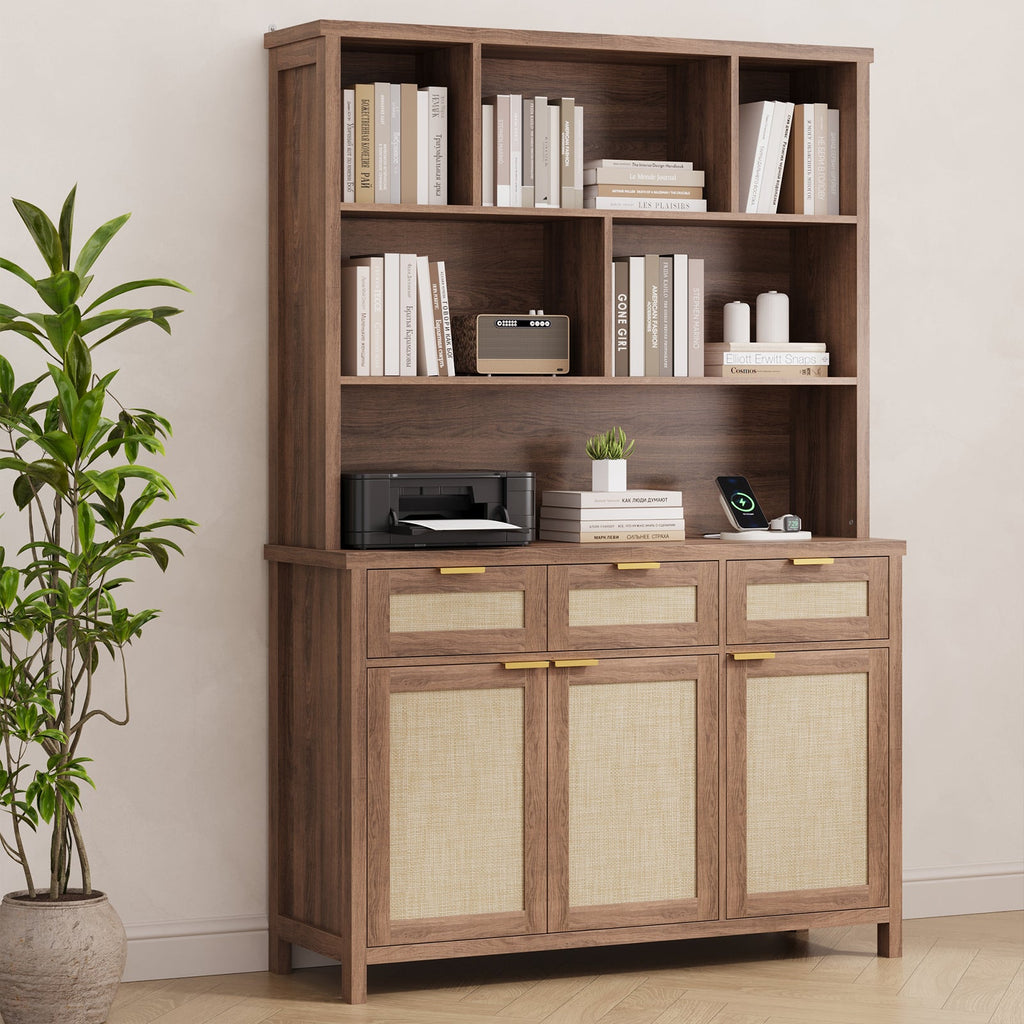 71" Tall Bookshelf, 5-Tier Bookcase with Rattan Doors- Vektaya - VektayaStorage CabinetSC016-DBR