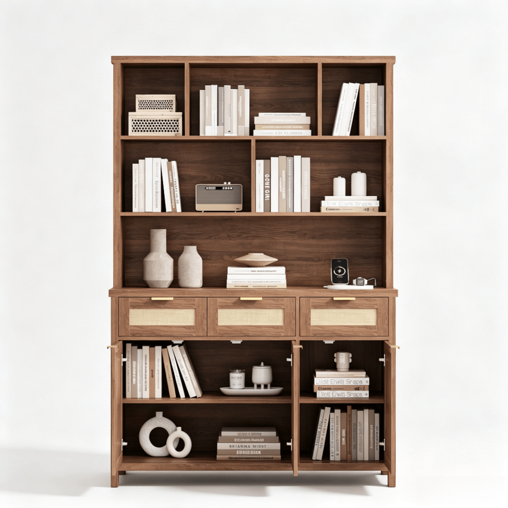 71" Tall Bookshelf, 5-Tier Bookcase with Rattan Doors- Vektaya - VektayaStorage CabinetSC016-DBR