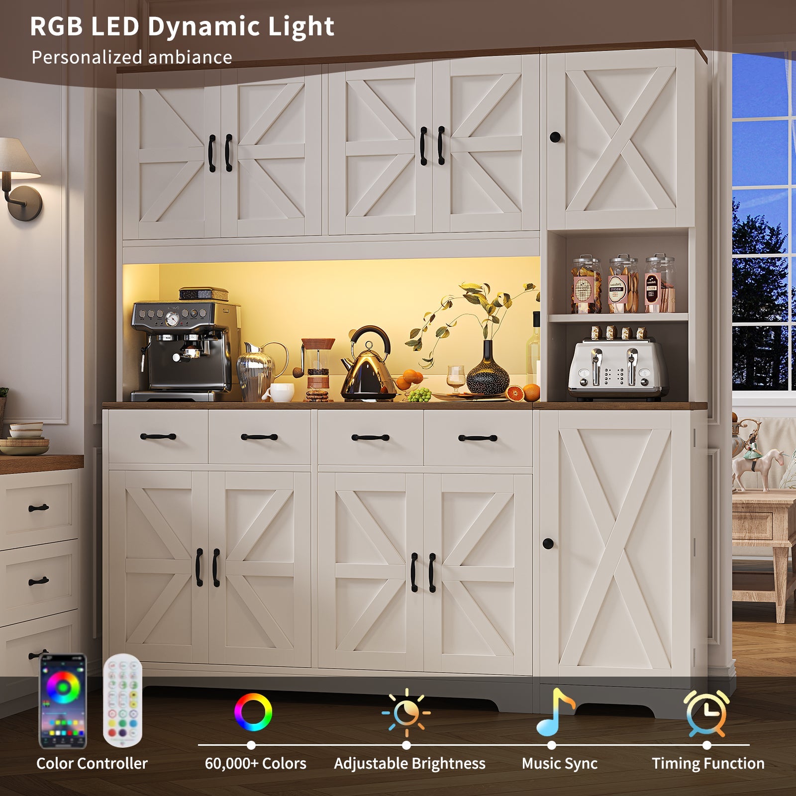 71" Tall Kitchen Pantry with LED Lights & Charging Station - Vektaya - VektayaStorage CabinetSC022-WH