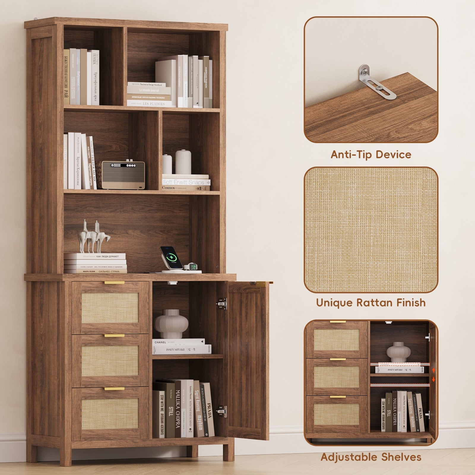 71'' Tall Tall Bookshelf with 3 Drawers - Vektaya - VektayaStorage Cabinet