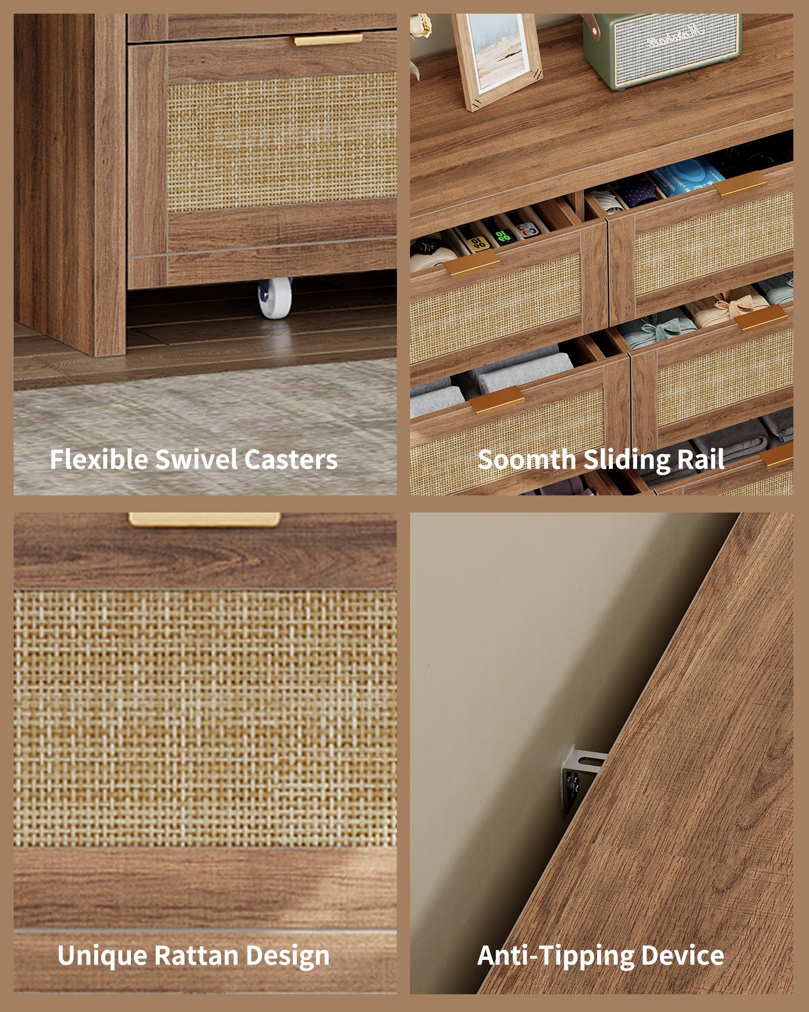 9 Drawers Dresser for Bedroom, 57” Rattan Dresser with Ample Storage,