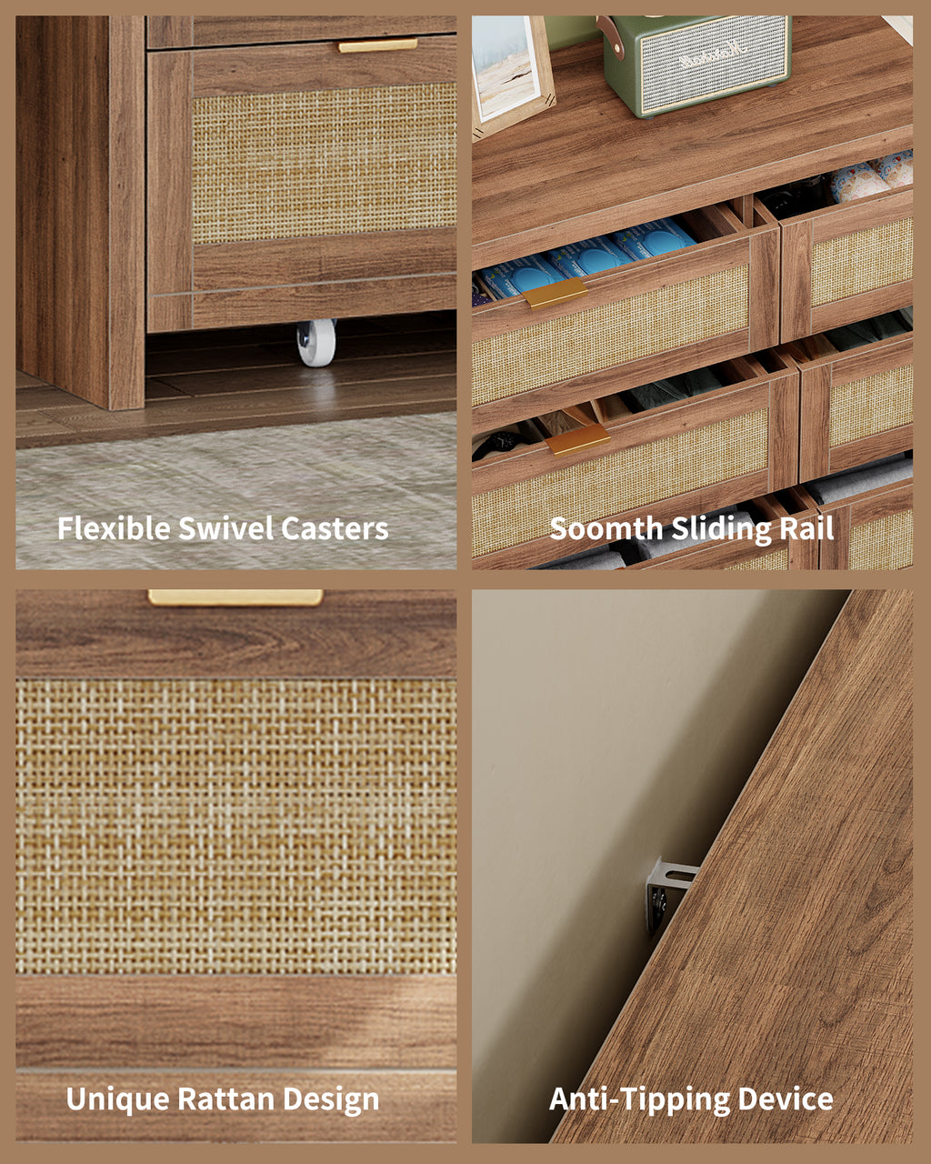8 Large Drawers Dresser, 55” Rattan Dresser with Ample Storage- Vektaya
