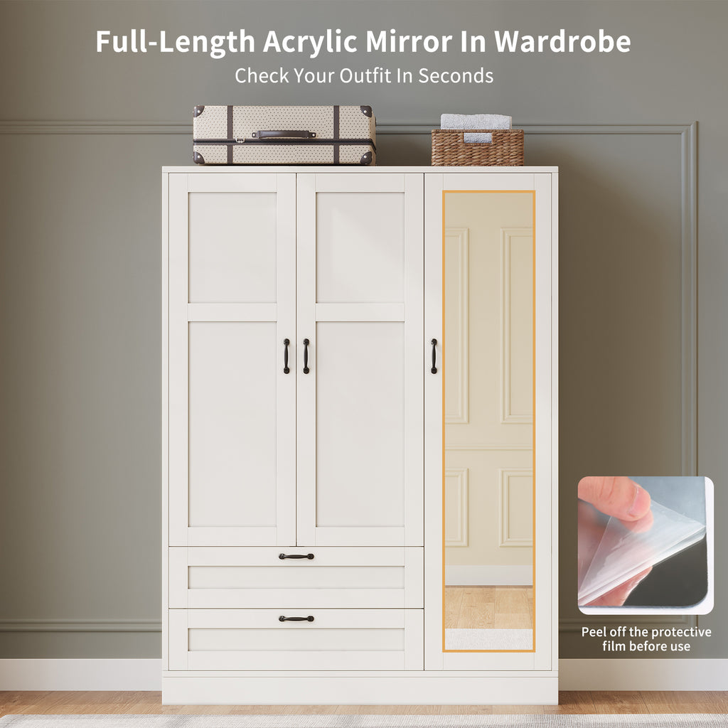 5-in-1 Armoire Wardrobe Closet with Full Length Acrylic Mirror & 2 Drawers, White - Vektaya