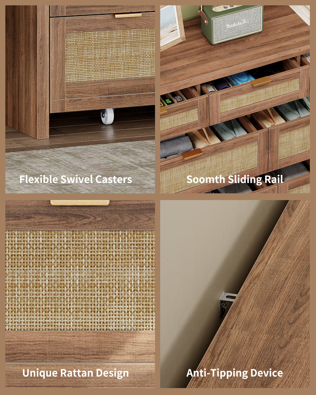 7 Drawers Dresser for Bedroom, 57” Rattan Dresser with Ample Storage- Vektaya
