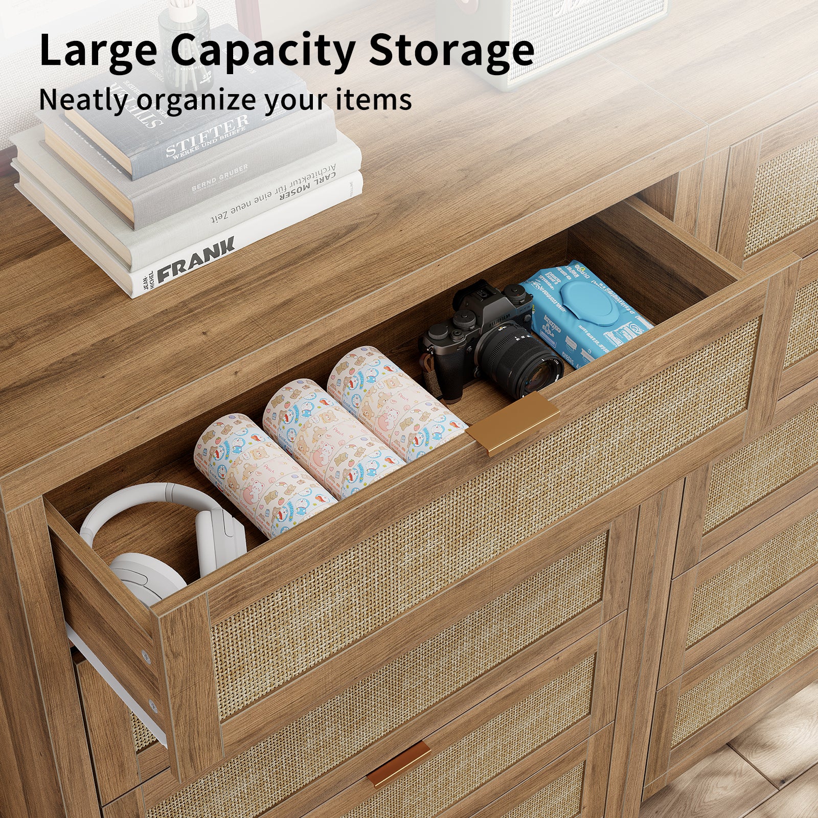 48'' Tall Dresser for Bedroom, Rattan Dresser with 5 Drawers, Boho Chest of Drawers- Vektaya