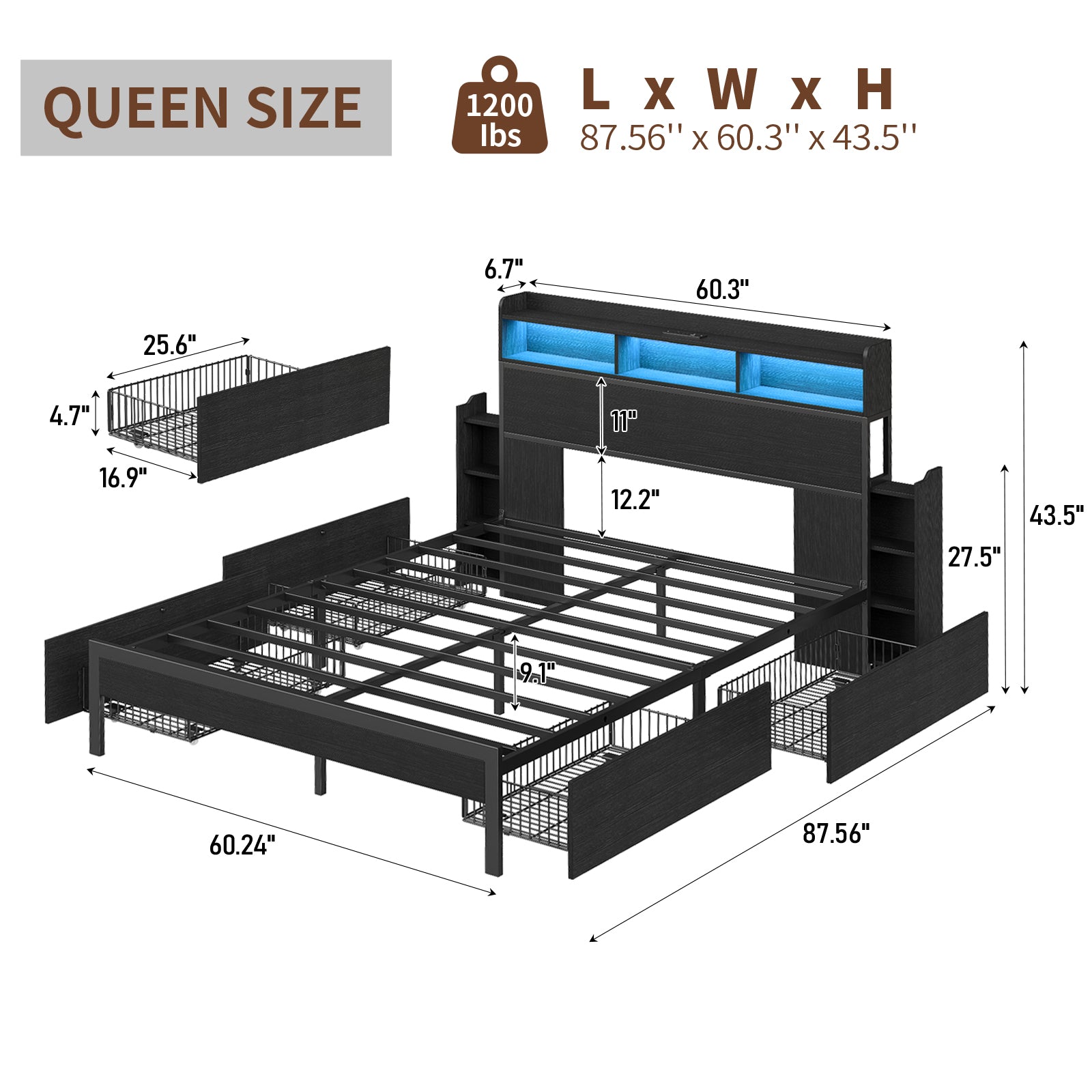 Yanosaku US-BF015 Full/Queen/King Bed Frame with 2 Hidden Nightstands, 4 Drawers, RGB Lights & USB Charging, No Box Spring,Black.