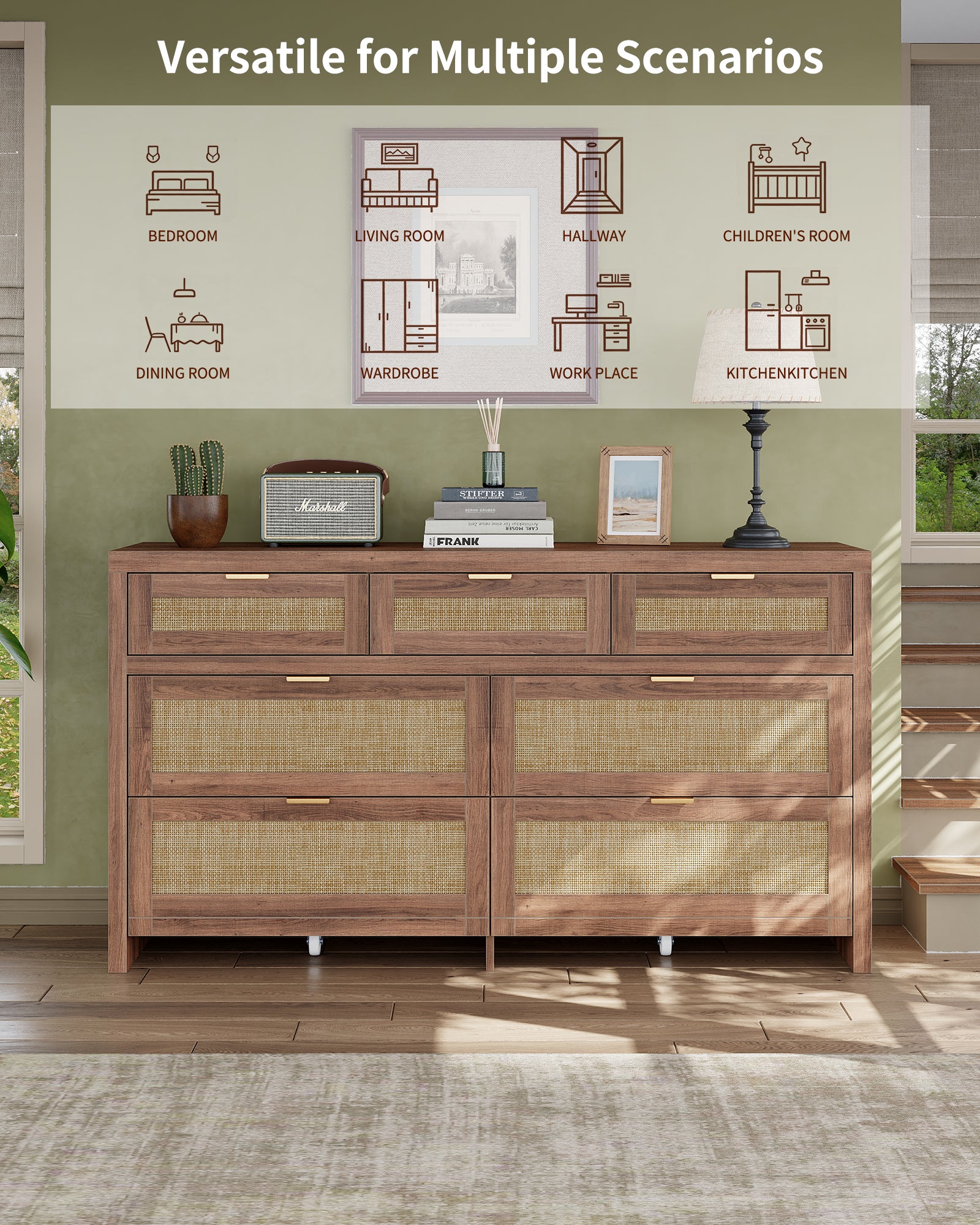 7 Drawers Dresser for Bedroom, 57” Rattan Dresser with Ample Storage- Vektaya