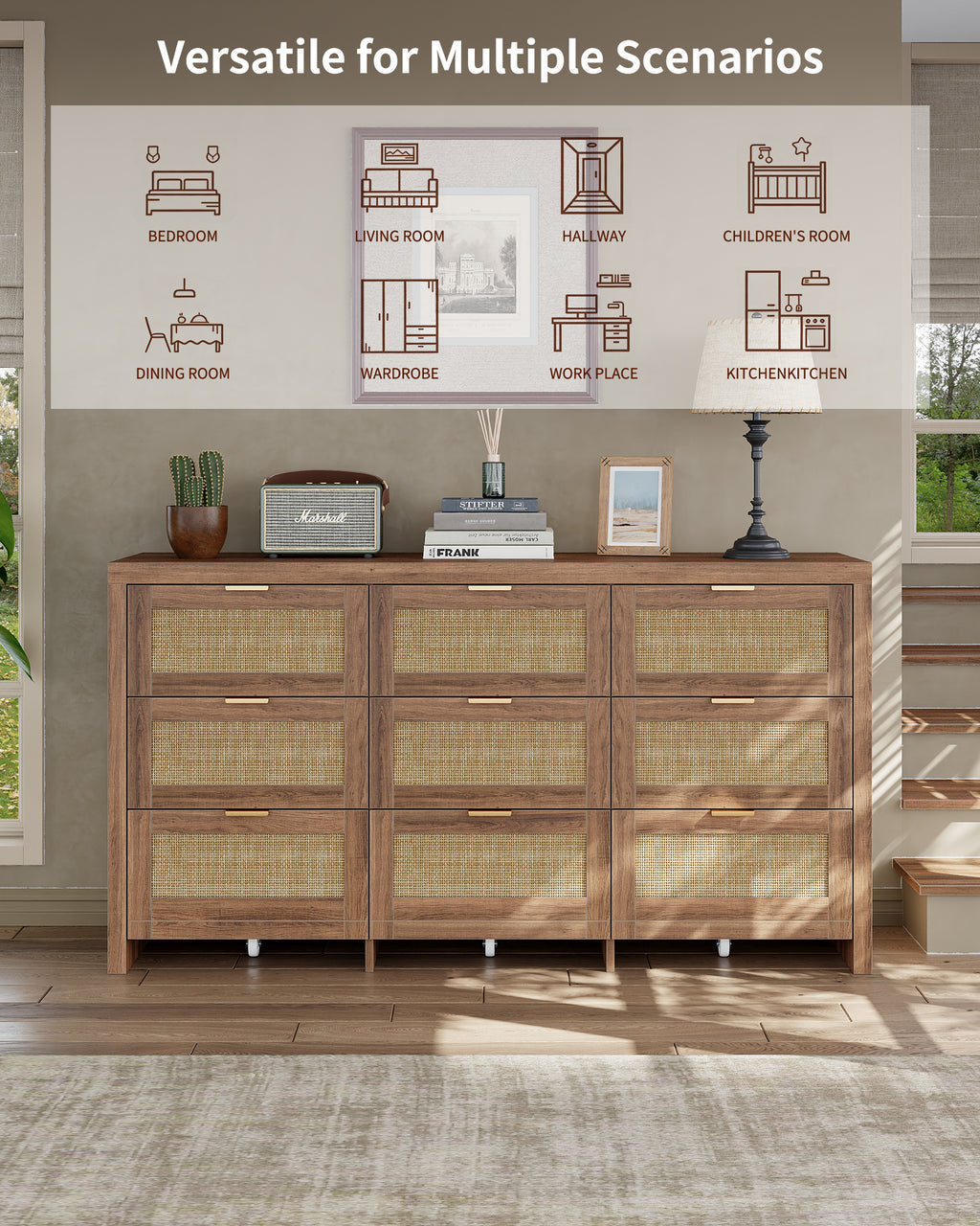 9 Drawers Dresser for Bedroom, 57” Rattan Dresser with Ample Storage,