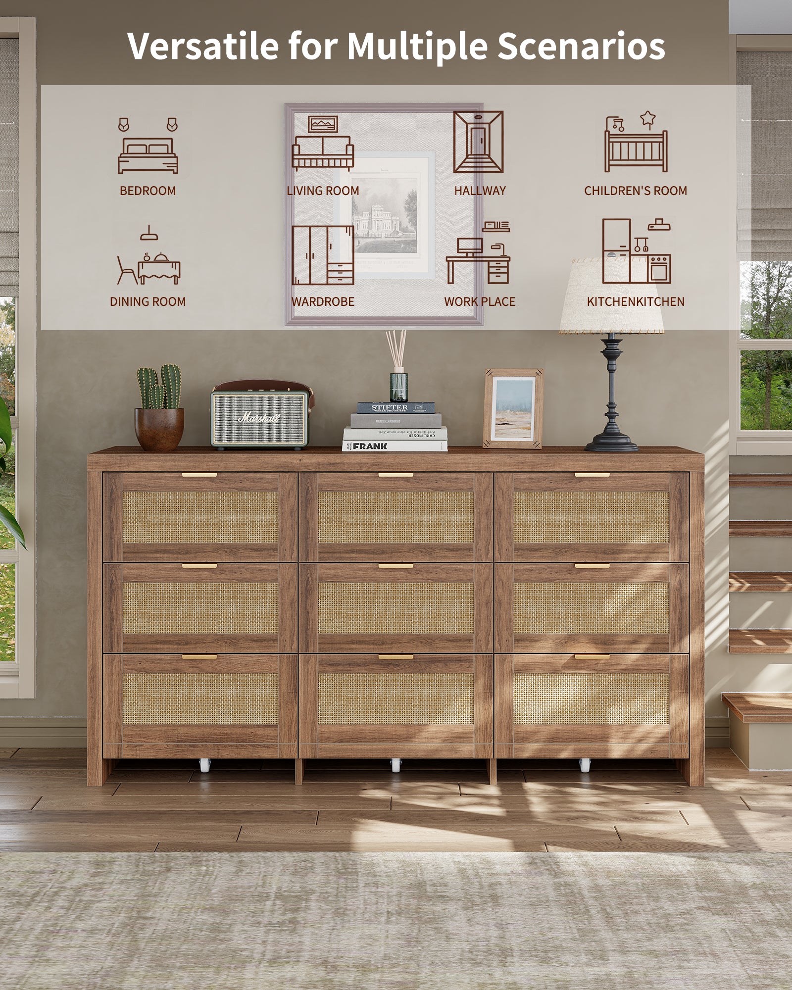 9 Drawers Dresser for Bedroom, 57” Rattan Dresser with Ample Storage,
