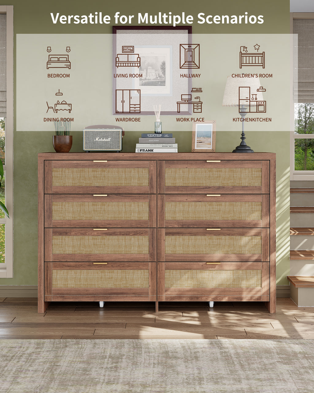 8 Large Drawers Dresser, 55” Rattan Dresser with Ample Storage- Vektaya