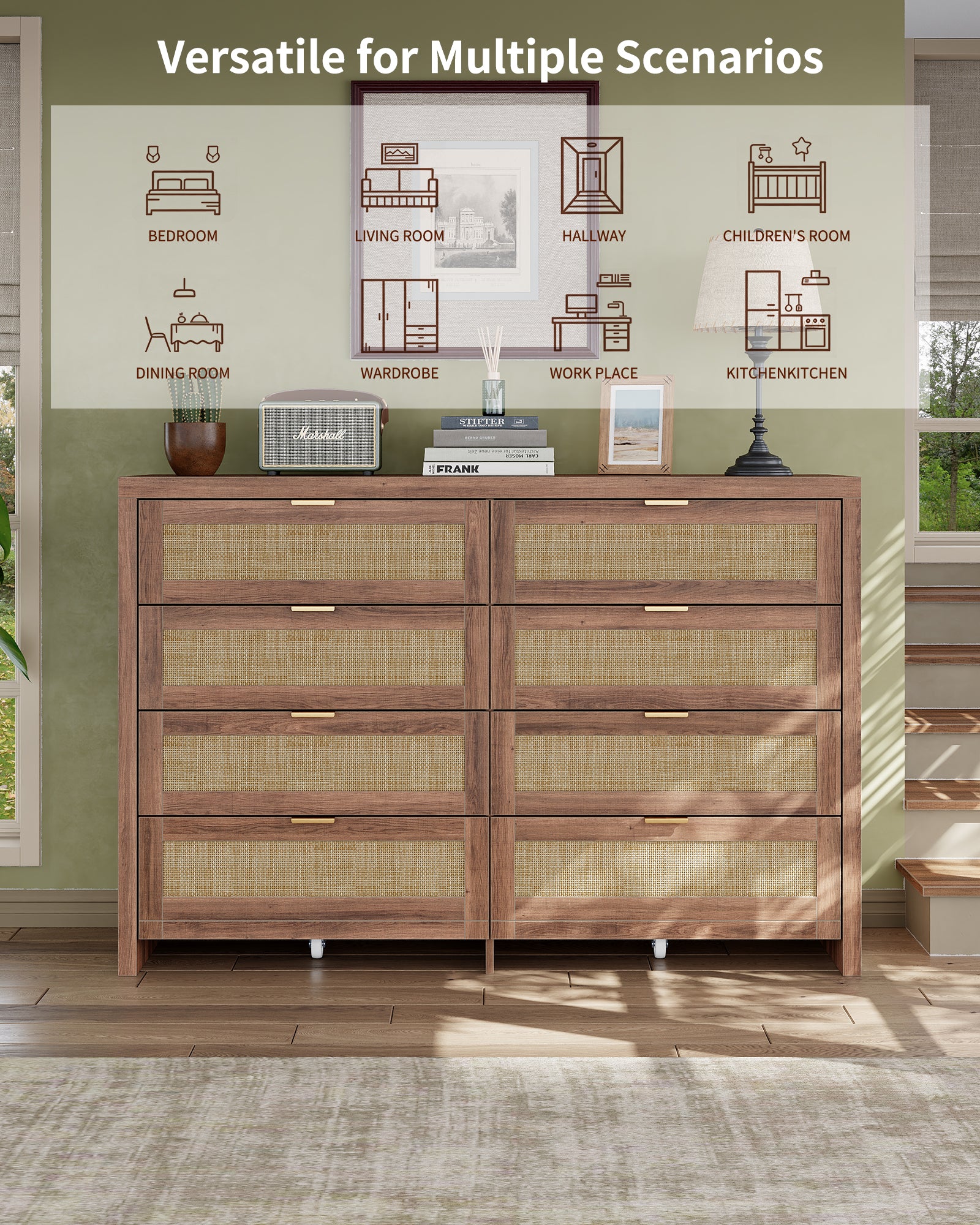 8 Large Drawers Dresser, 55” Rattan Dresser with Ample Storage- Vektaya