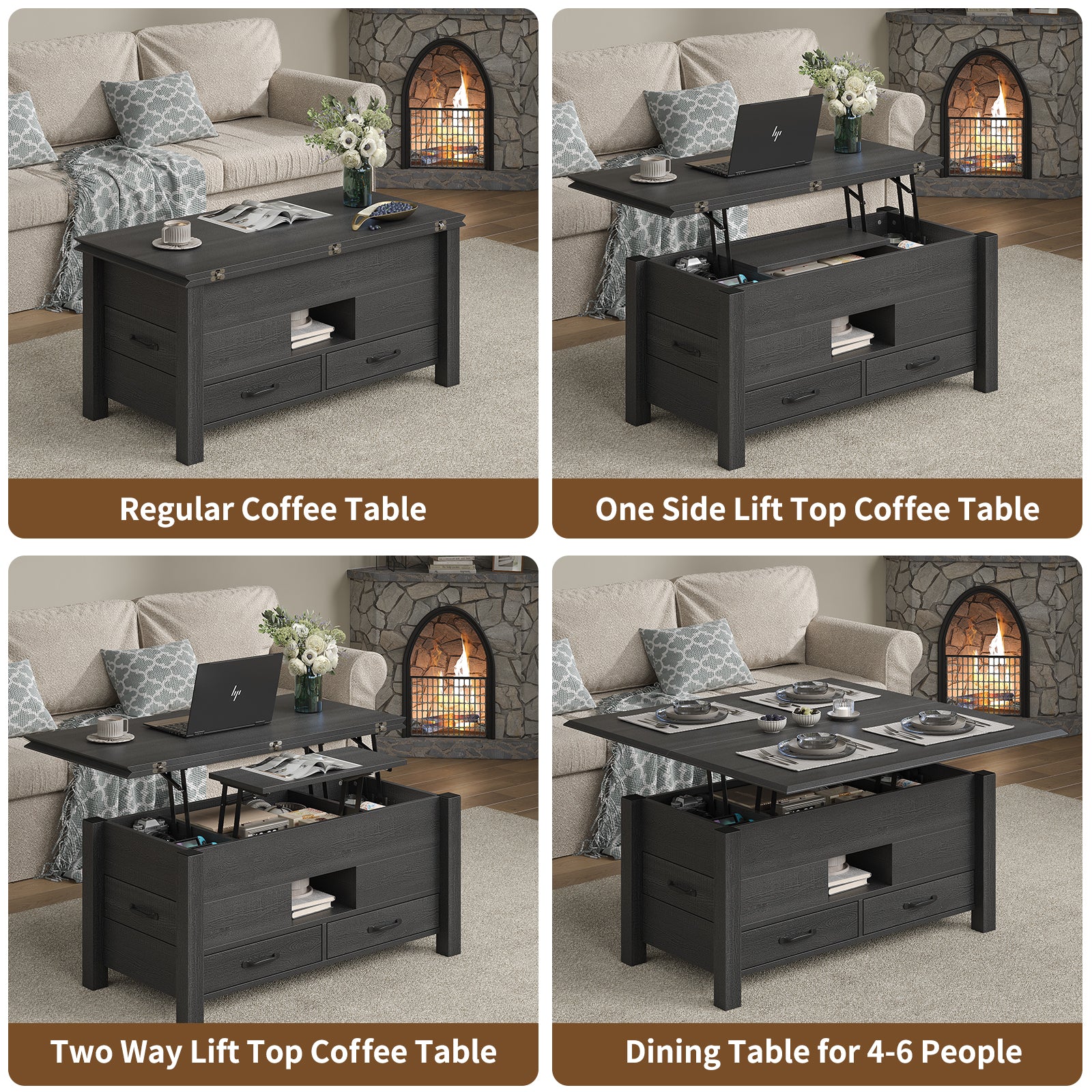 Lift Top Coffee Table, 39.4" Multi-Function Convertible Coffee Table with 4 Storage Drawers & Hidden Compartment- Vektaya