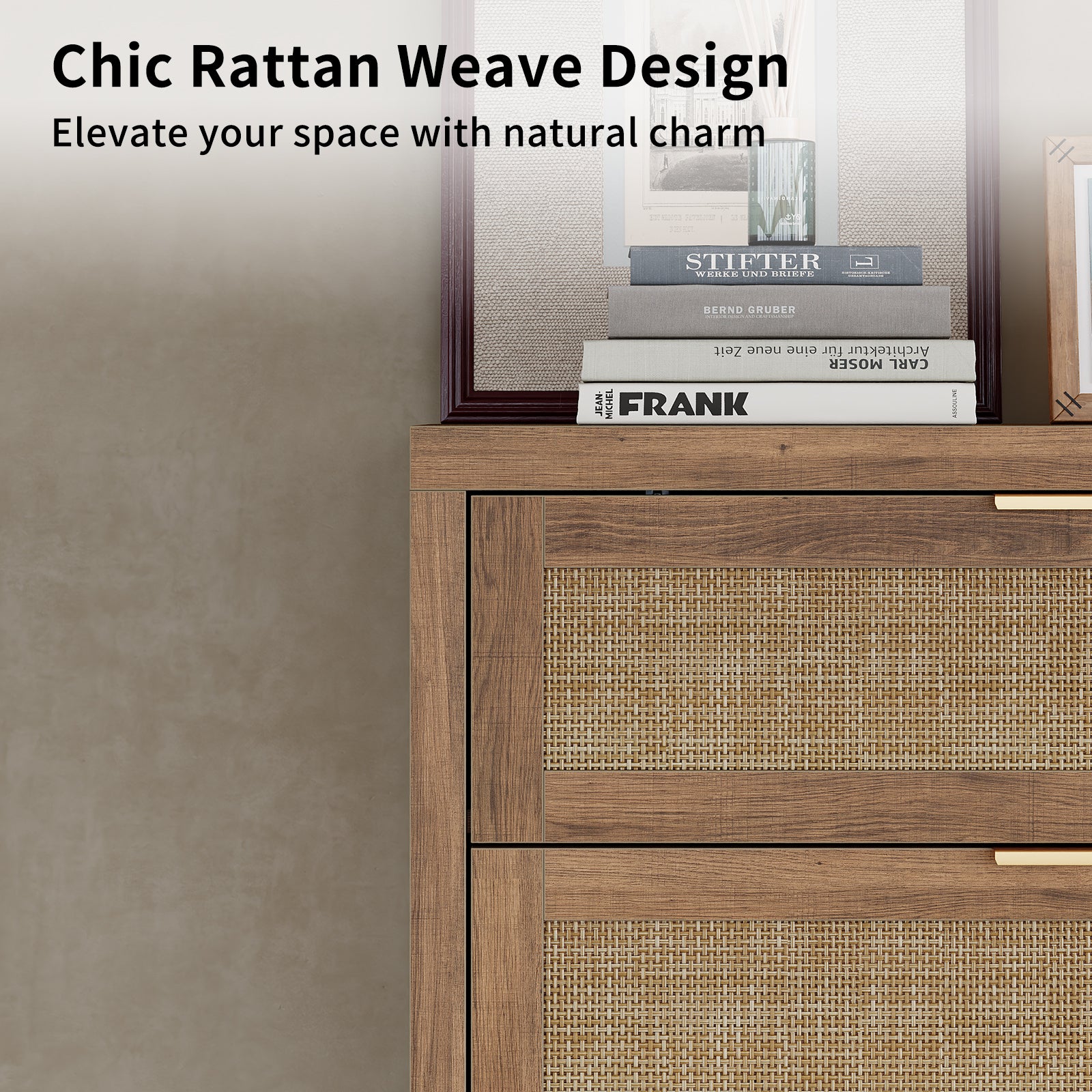 48'' Tall Dresser for Bedroom, Rattan Dresser with 5 Drawers, Boho Chest of Drawers- Vektaya