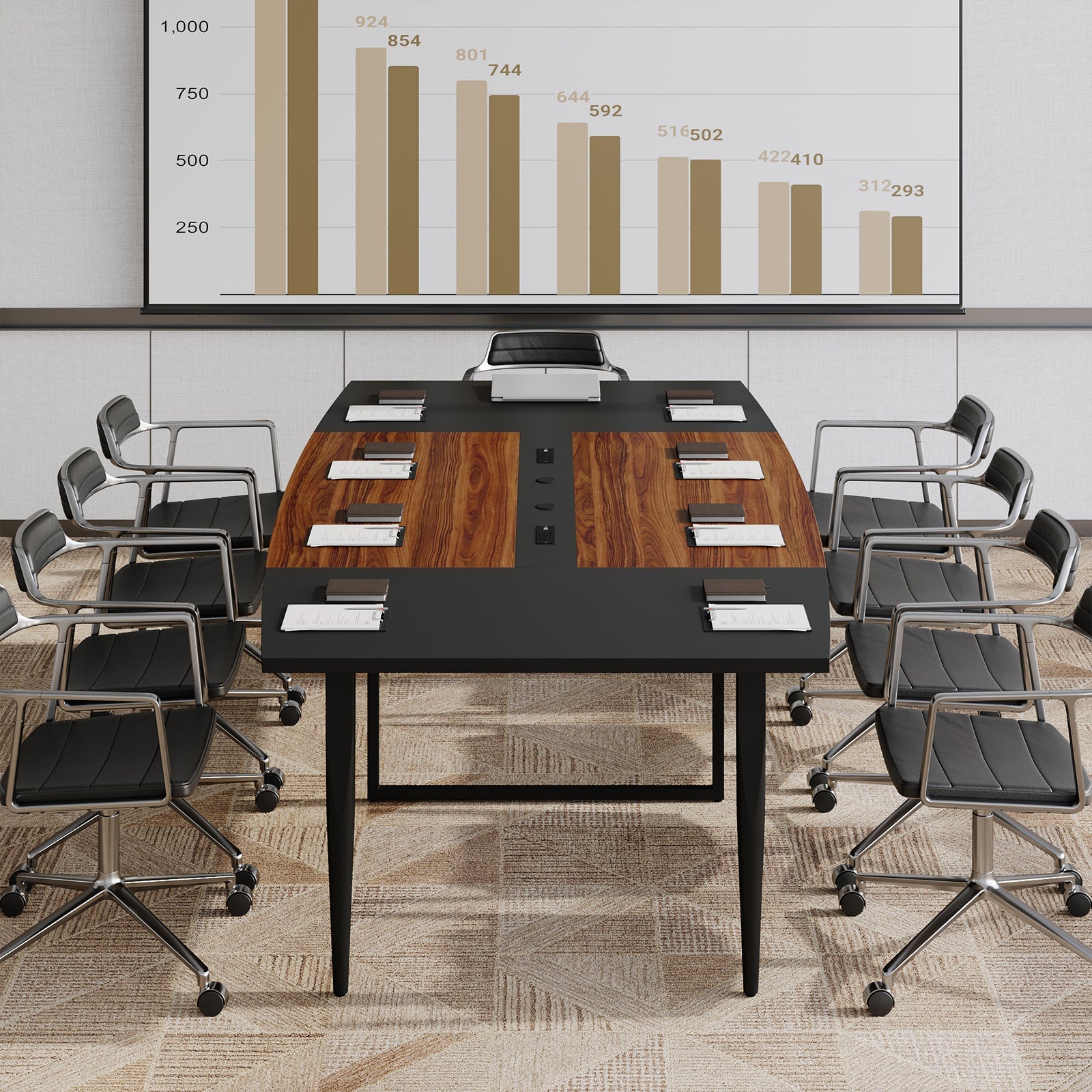 8FT Conference Table with Power Hubs, Large Meeting Table for 8-10 People- Vektaya - VektayaTableDT006-BR