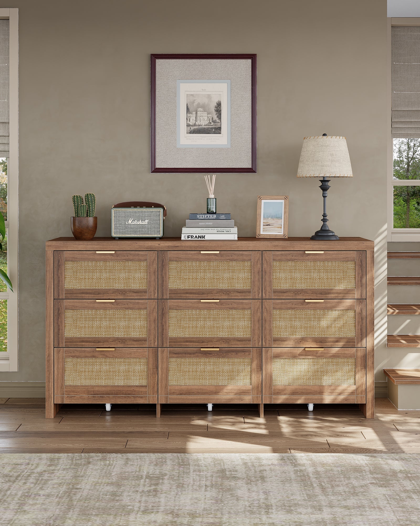 9 Drawers Dresser for Bedroom, 57” Rattan Dresser with Ample Storage, - VektayaDresserDS012