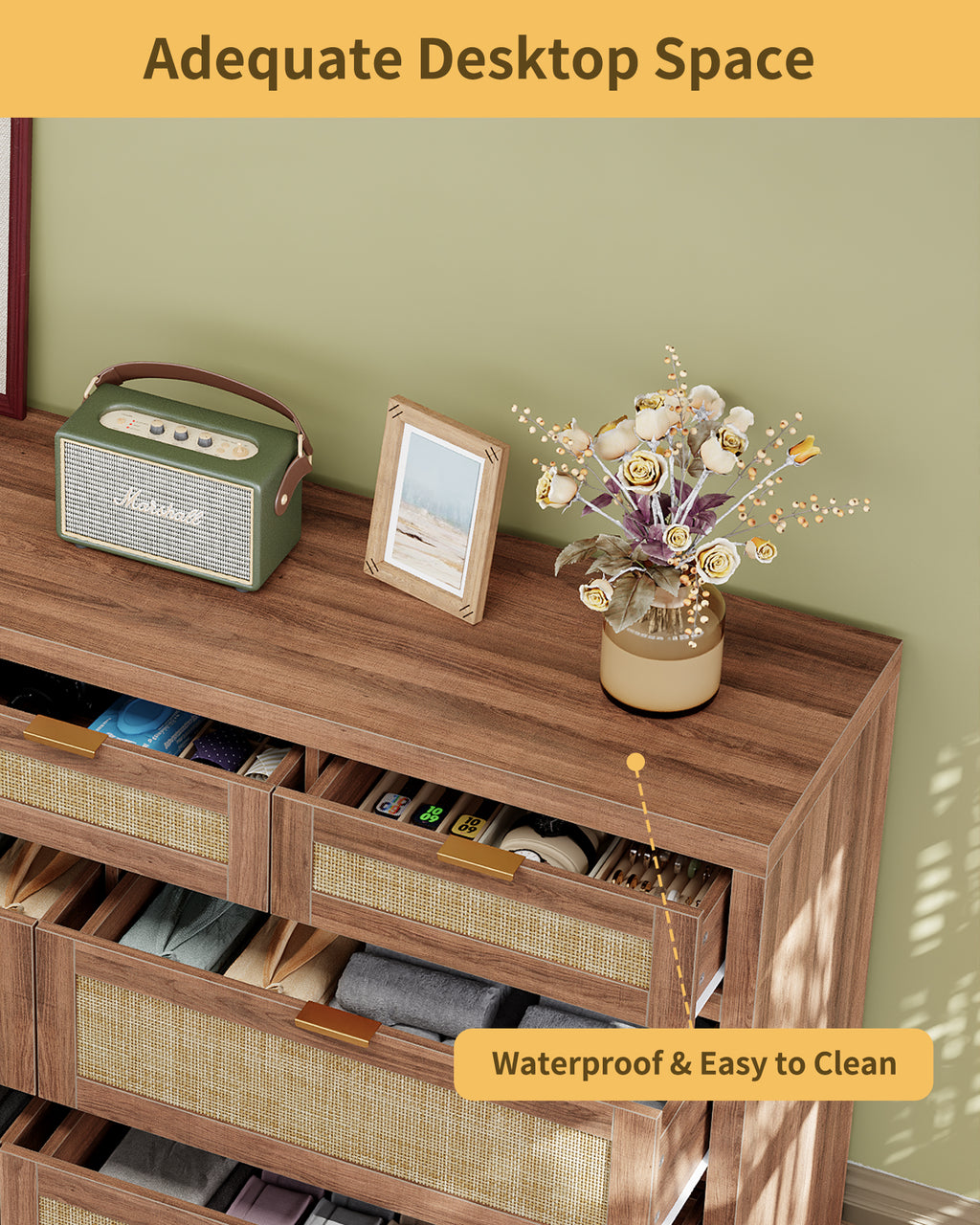 7 Drawers Dresser for Bedroom, 57” Rattan Dresser with Ample Storage- Vektaya