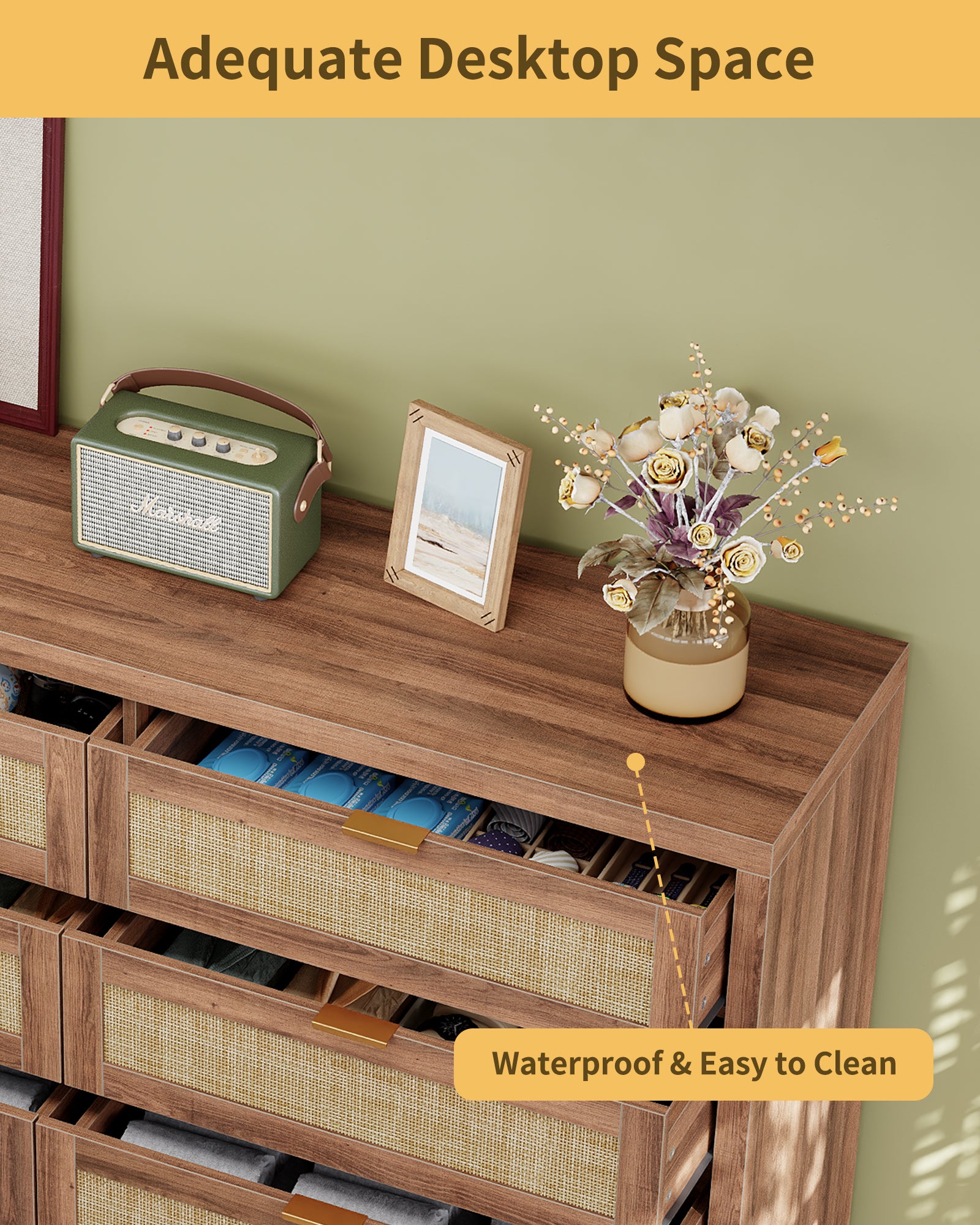 8 Large Drawers Dresser, 55” Rattan Dresser with Ample Storage- Vektaya