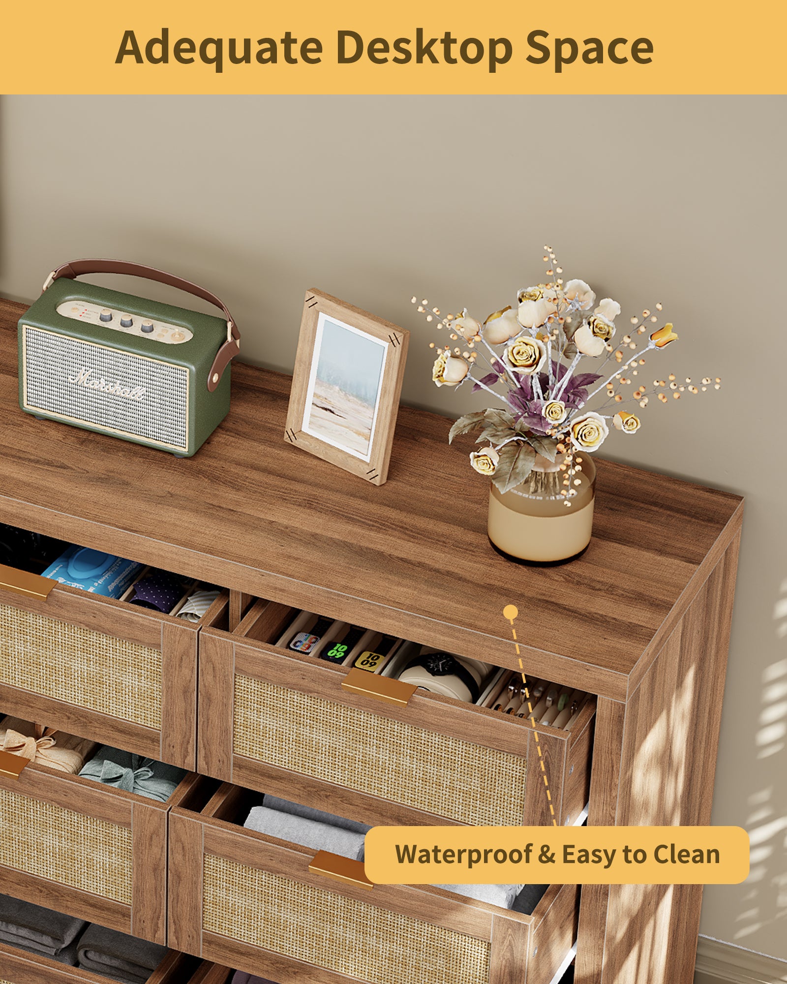 9 Drawers Dresser for Bedroom, 57” Rattan Dresser with Ample Storage,